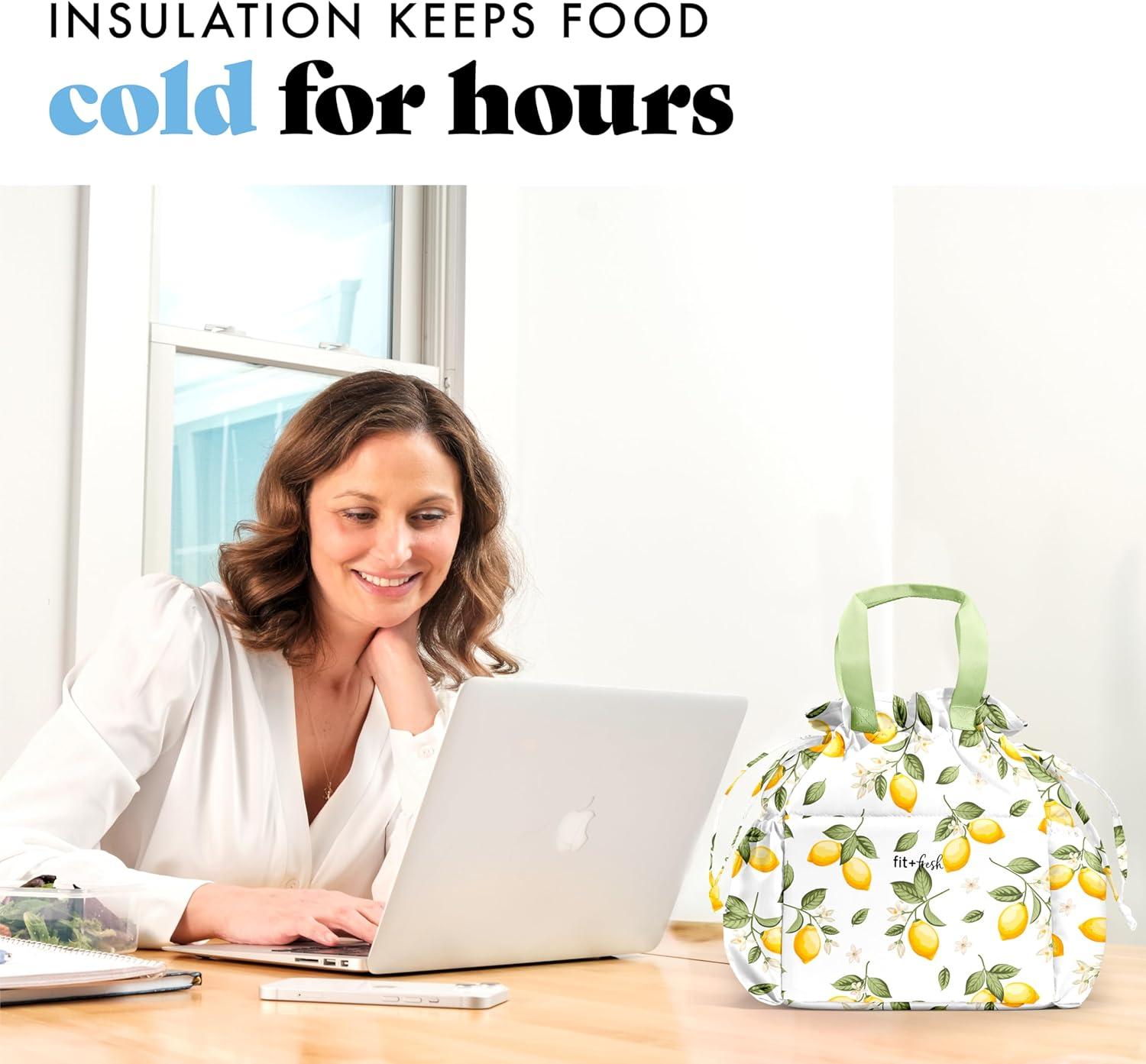 imageFit ampamp Fresh Cromwell Drawstring Lunch Bag for Women Complete Lunch Set with 2 Containers StainResistant LeakResistant Back to School Essential Teacher Lunchbox Sage Floral ToileYellow Lemons