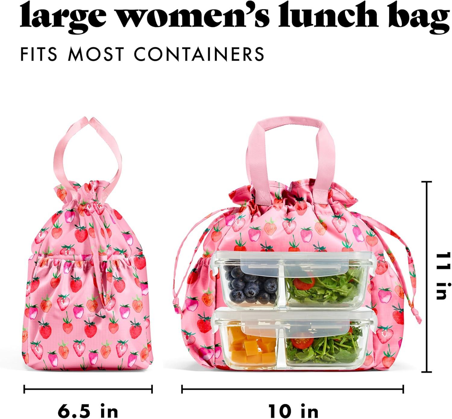 imageFit ampamp Fresh Cromwell Drawstring Lunch Bag for Women Complete Lunch Set with 2 Containers StainResistant LeakResistant Back to School Essential Teacher Lunchbox Sage Floral ToilePink Strawberries