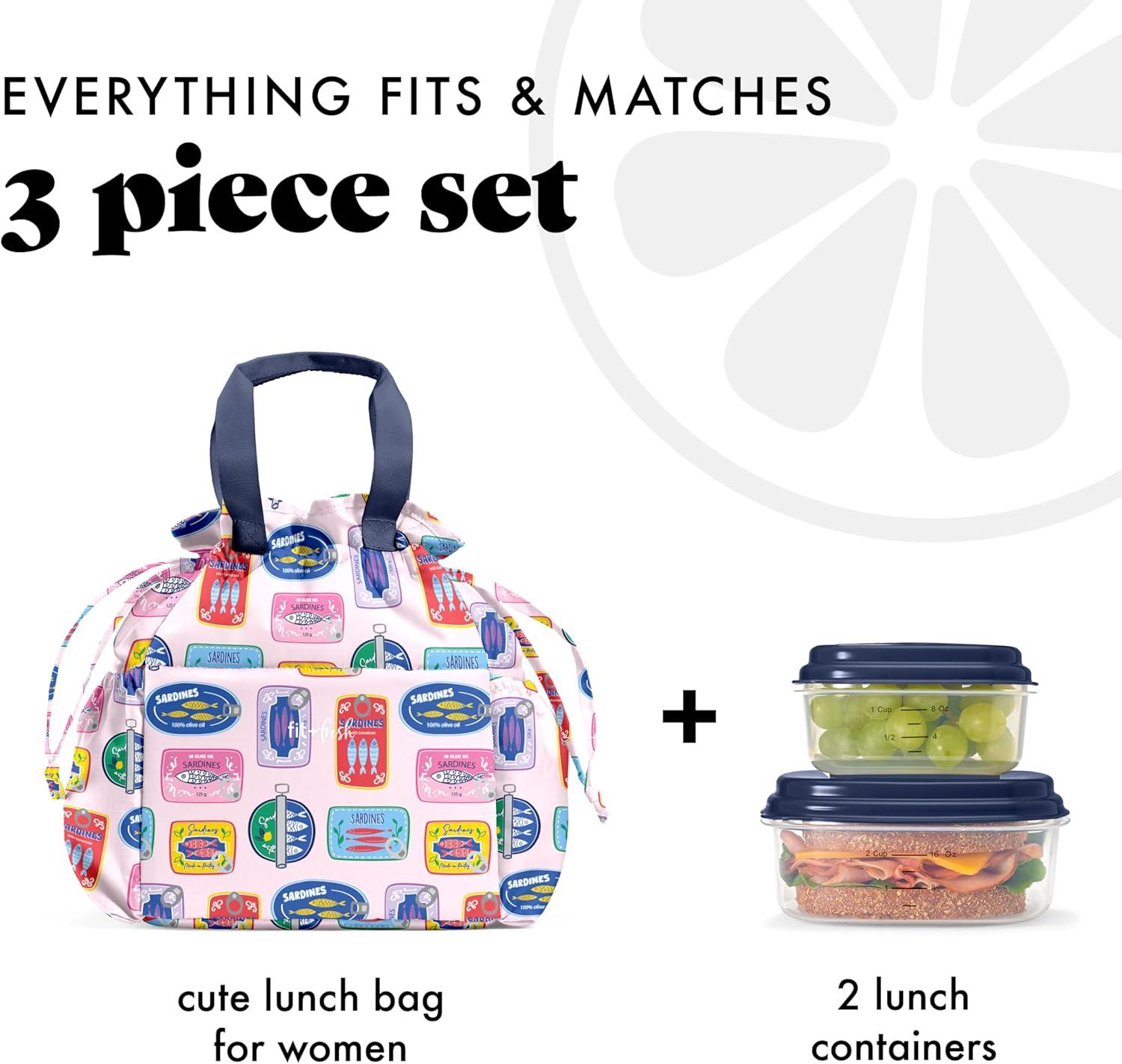 imageFit ampamp Fresh Cromwell Drawstring Lunch Bag for Women Complete Lunch Set with 2 Containers StainResistant LeakResistant Back to School Essential Teacher Lunchbox Sage Floral ToileAssorted Sardine Cans