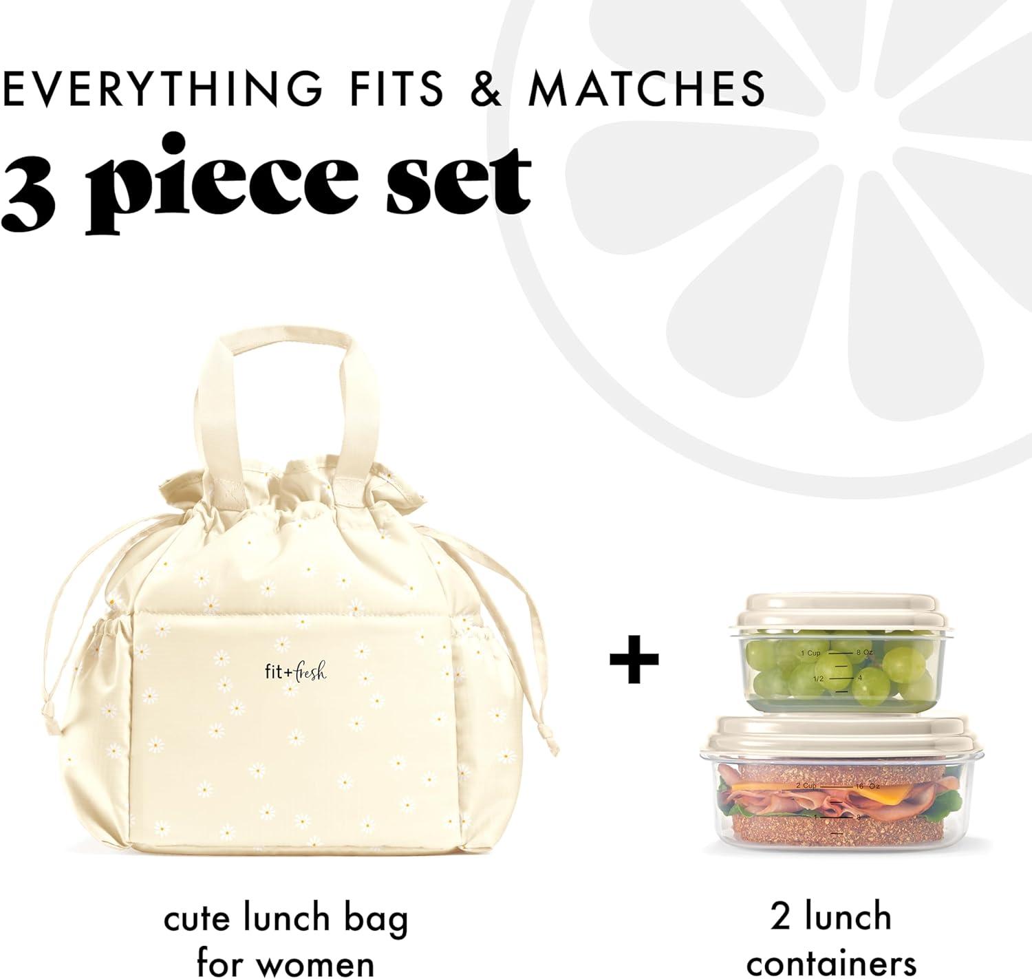 imageFit ampamp Fresh Cromwell Drawstring Lunch Bag for Women Complete Lunch Set with 2 Containers StainResistant LeakResistant Back to School Essential Teacher Lunchbox Sage Floral ToileIvory