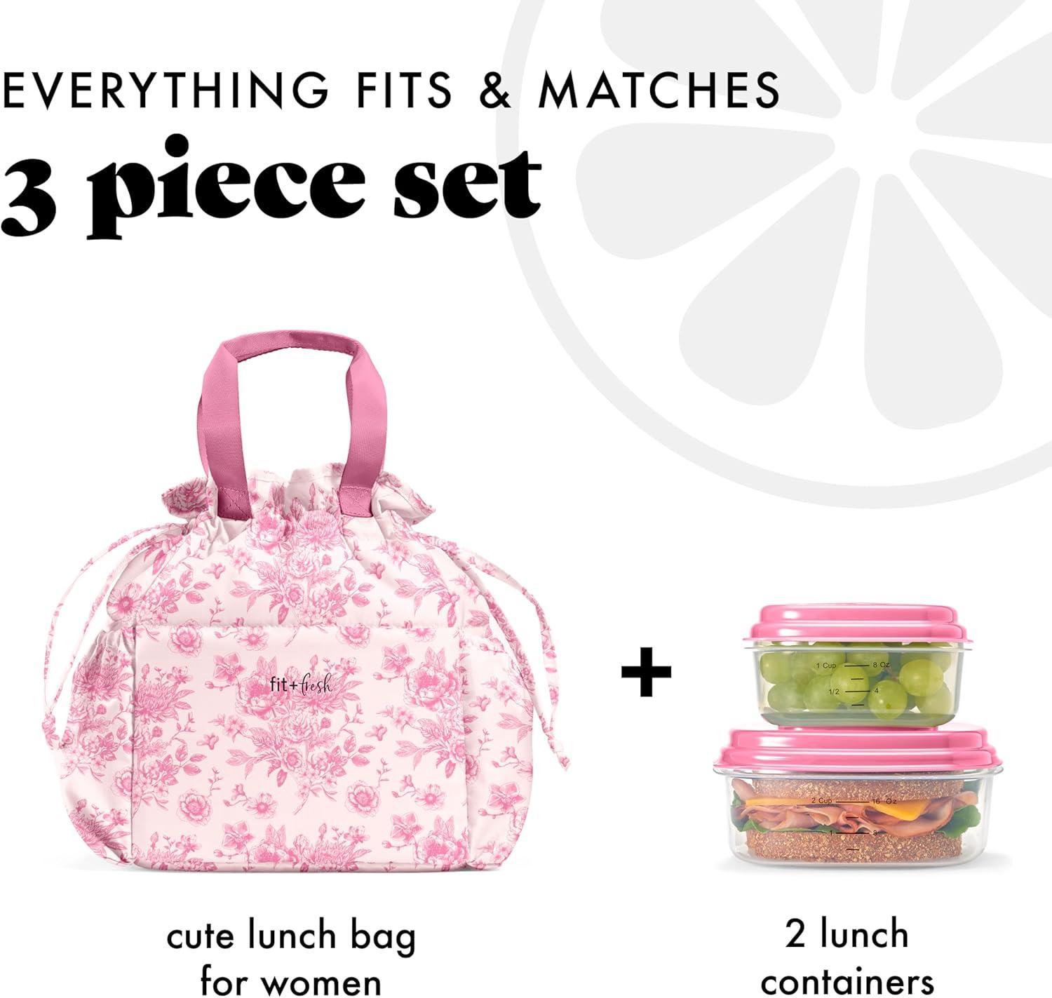 imageFit ampamp Fresh Cromwell Drawstring Lunch Bag for Women Complete Lunch Set with 2 Containers StainResistant LeakResistant Back to School Essential Teacher Lunchbox Sage Floral ToilePink Floral Toile