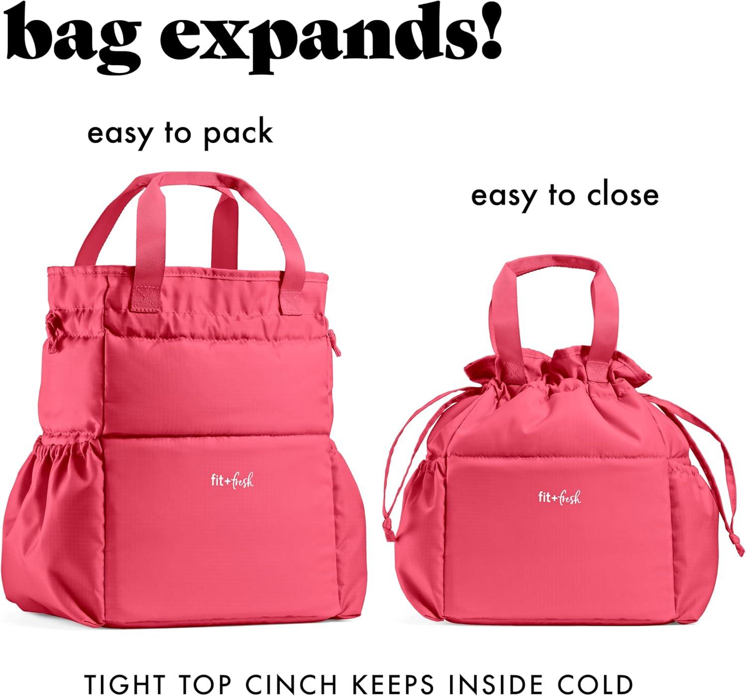 imageFit ampamp Fresh Cromwell Drawstring Lunch Bag for Women Complete Lunch Set with 2 Containers StainResistant LeakResistant Back to School Essential Teacher Lunchbox Sage Floral ToileWatermelon Pink