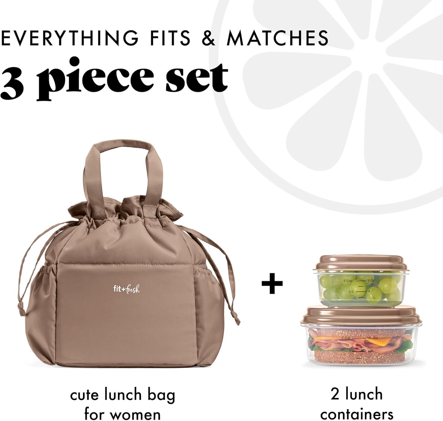 imageFit ampamp Fresh Cromwell Drawstring Lunch Bag for Women Complete Lunch Set with 2 Containers StainResistant LeakResistant Back to School Essential Teacher Lunchbox Sage Floral ToileTaupe