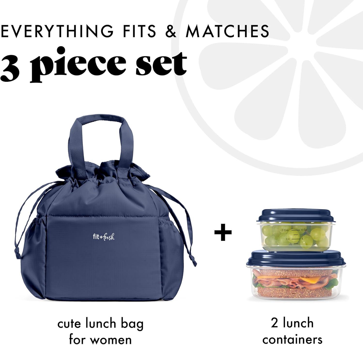imageFit ampamp Fresh Cromwell Drawstring Lunch Bag for Women Complete Lunch Set with 2 Containers StainResistant LeakResistant Back to School Essential Teacher Lunchbox Sage Floral ToileNavy