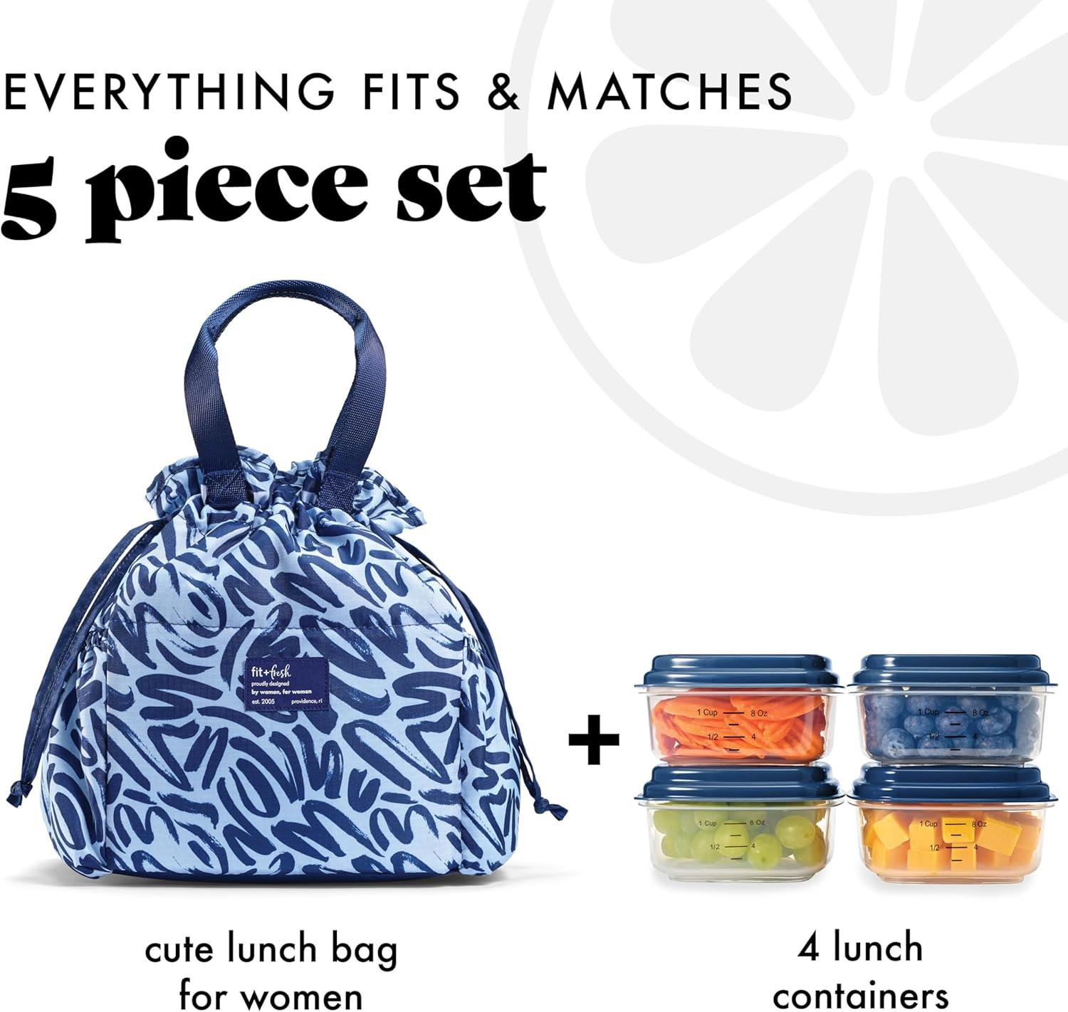 imageFit ampamp Fresh Cromwell Drawstring Lunch Bag for Women Complete Lunch Set with 2 Containers StainResistant LeakResistant Back to School Essential Teacher Lunchbox Sage Floral ToileNavy Brush Strokes