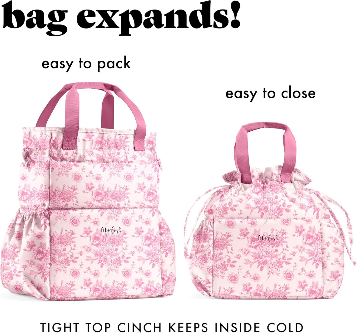 imageFit ampamp Fresh Cromwell Drawstring Lunch Bag for Women Complete Lunch Set with 2 Containers StainResistant LeakResistant Back to School Essential Teacher Lunchbox Sage Floral ToilePink Floral Toile