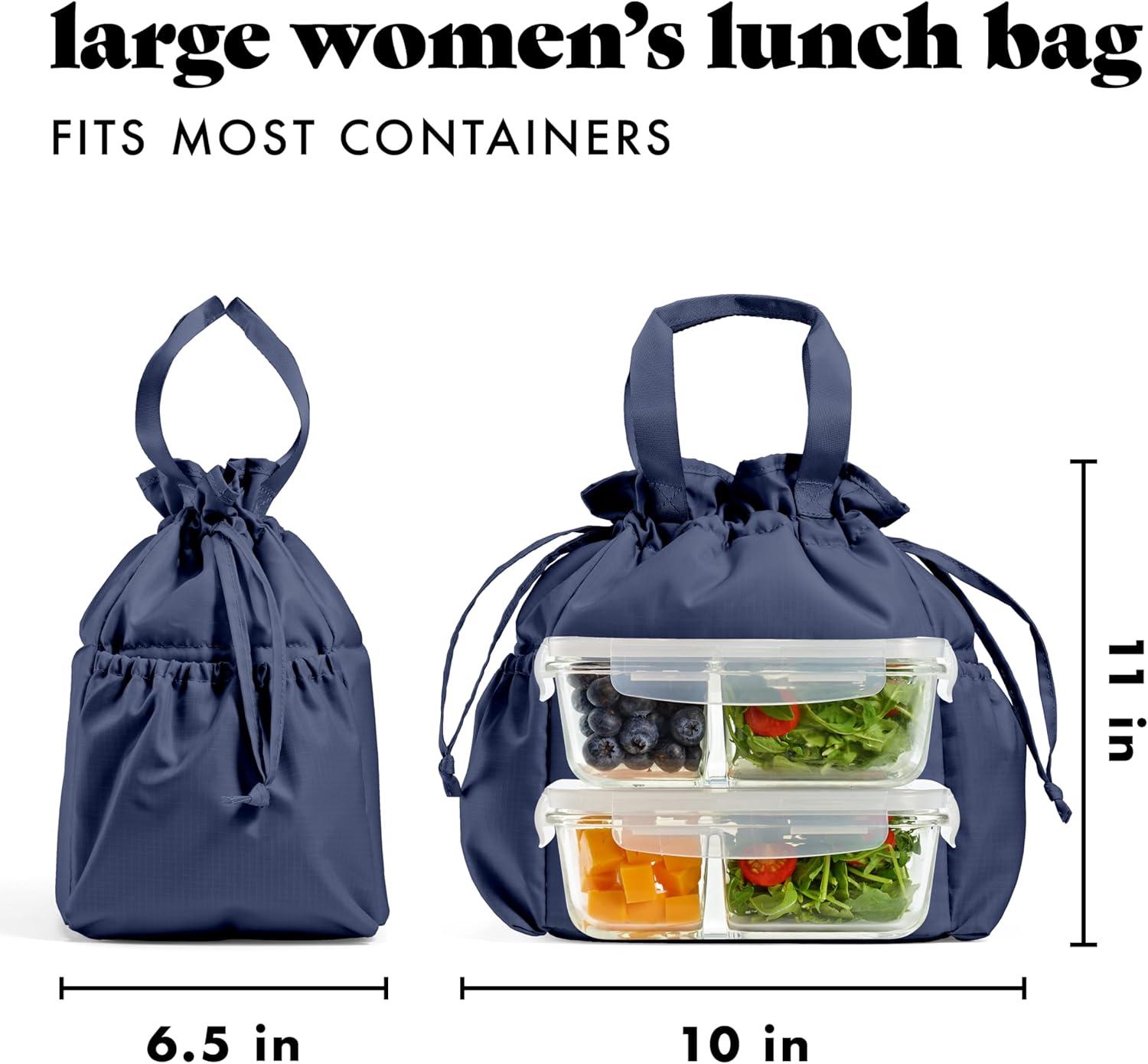 imageFit ampamp Fresh Cromwell Drawstring Lunch Bag for Women Complete Lunch Set with 2 Containers StainResistant LeakResistant Back to School Essential Teacher Lunchbox Sage Floral ToileNavy