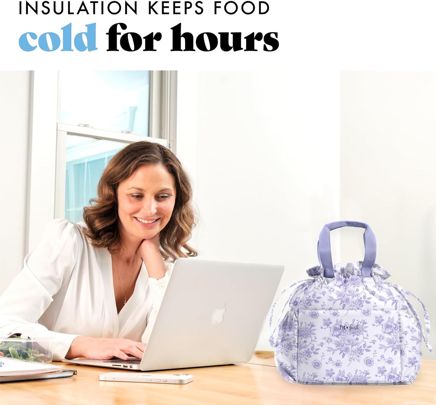 imageFit ampamp Fresh Cromwell Drawstring Lunch Bag for Women Complete Lunch Set with 2 Containers StainResistant LeakResistant Back to School Essential Teacher Lunchbox Sage Floral ToilePurple Floral Toile