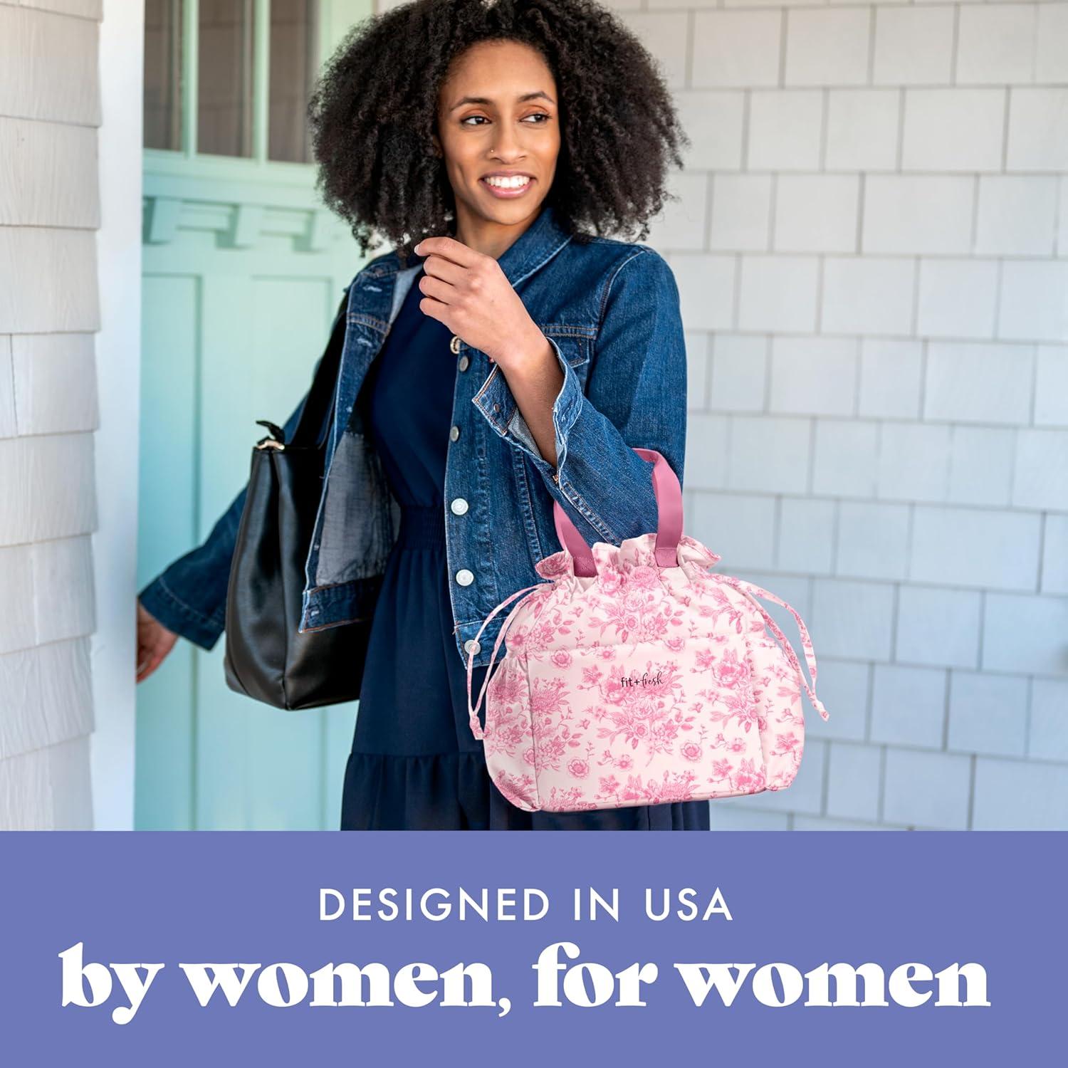 imageFit ampamp Fresh Cromwell Drawstring Lunch Bag for Women Complete Lunch Set with 2 Containers StainResistant LeakResistant Back to School Essential Teacher Lunchbox Sage Floral ToilePink Floral Toile