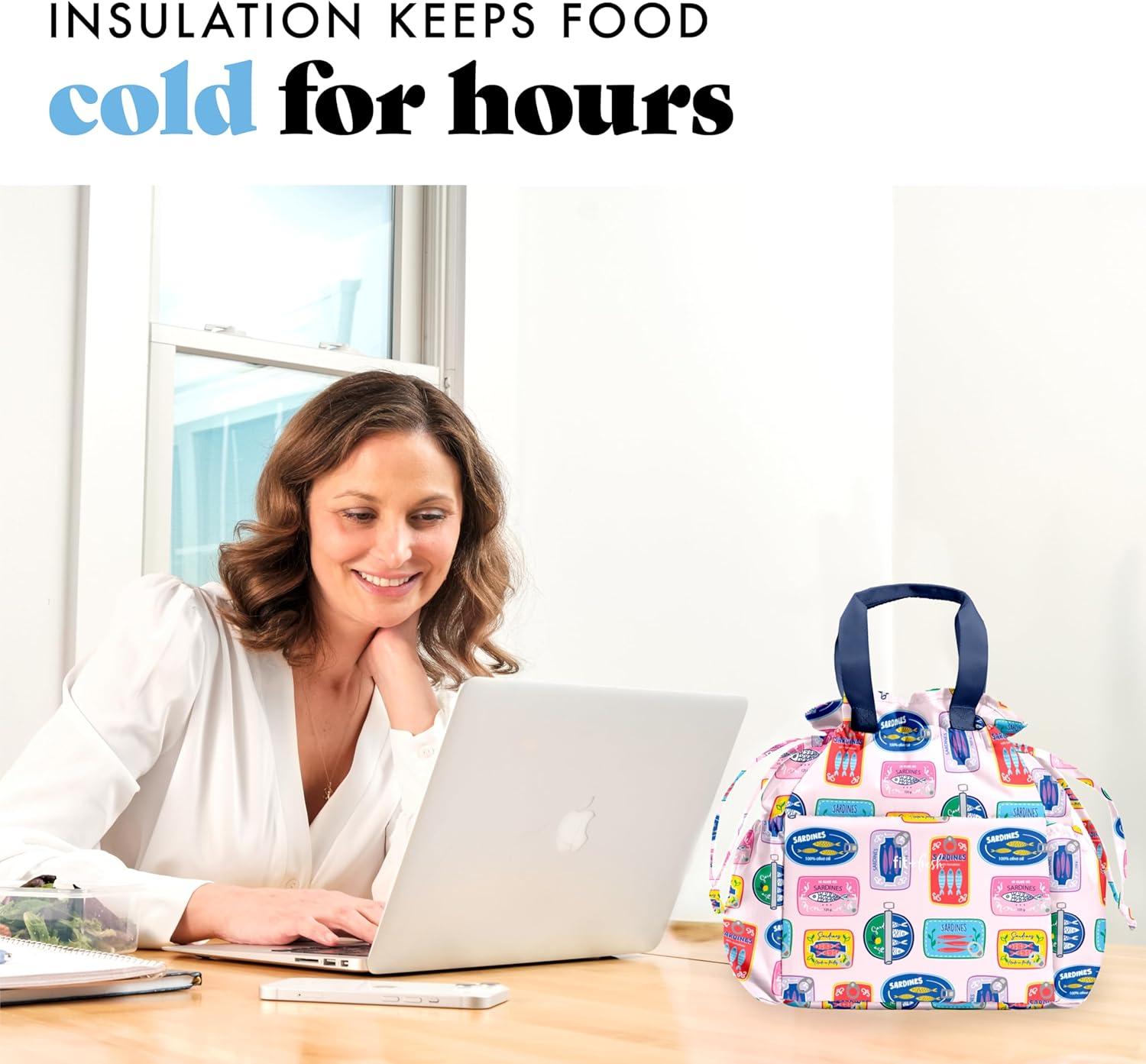 imageFit ampamp Fresh Cromwell Drawstring Lunch Bag for Women Complete Lunch Set with 2 Containers StainResistant LeakResistant Back to School Essential Teacher Lunchbox Sage Floral ToileAssorted Sardine Cans