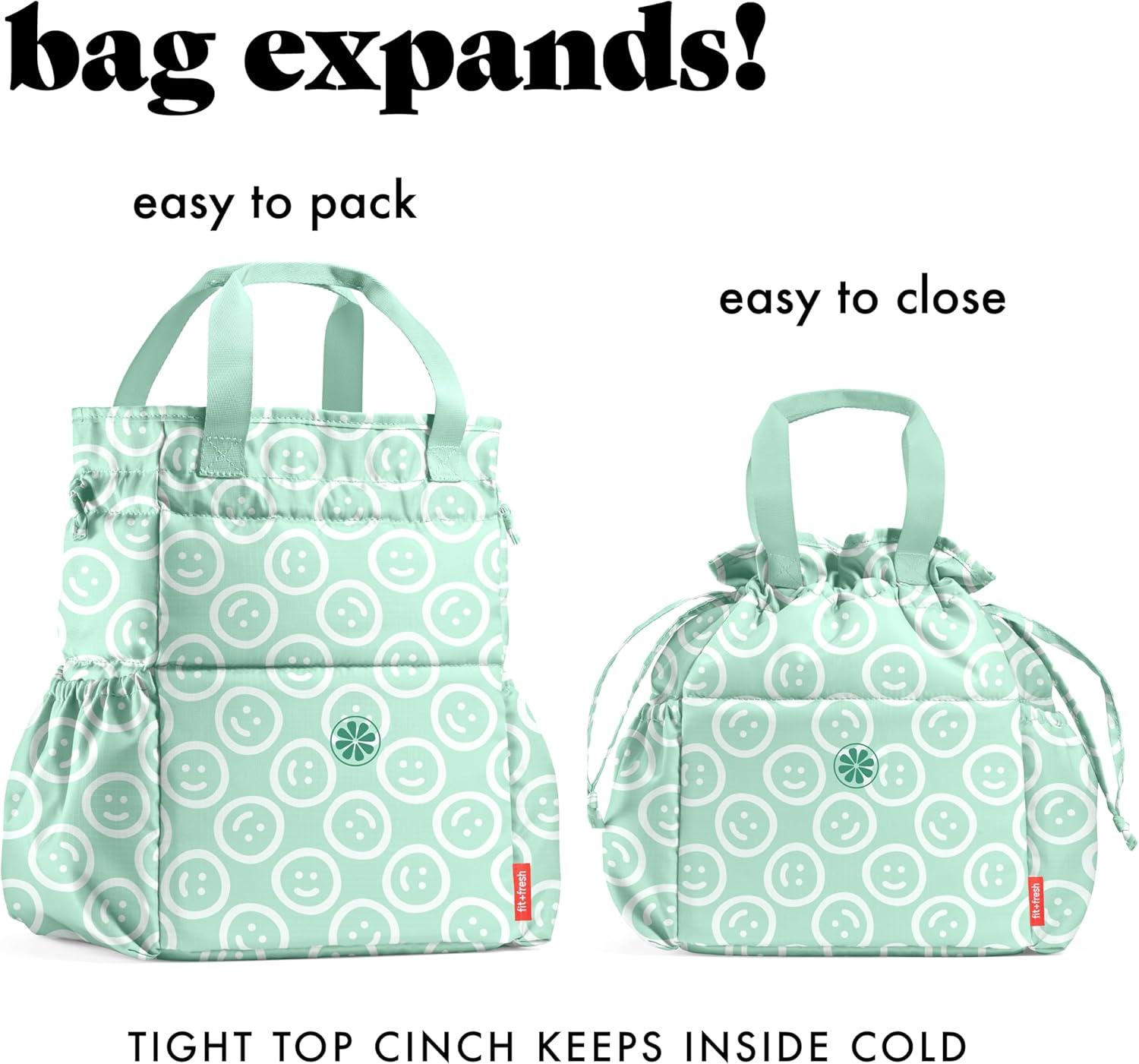 imageFit ampamp Fresh Cromwell Drawstring Lunch Bag for Women Complete Lunch Set with 2 Containers StainResistant LeakResistant Back to School Essential Teacher Lunchbox Sage Floral ToileMint Smiles