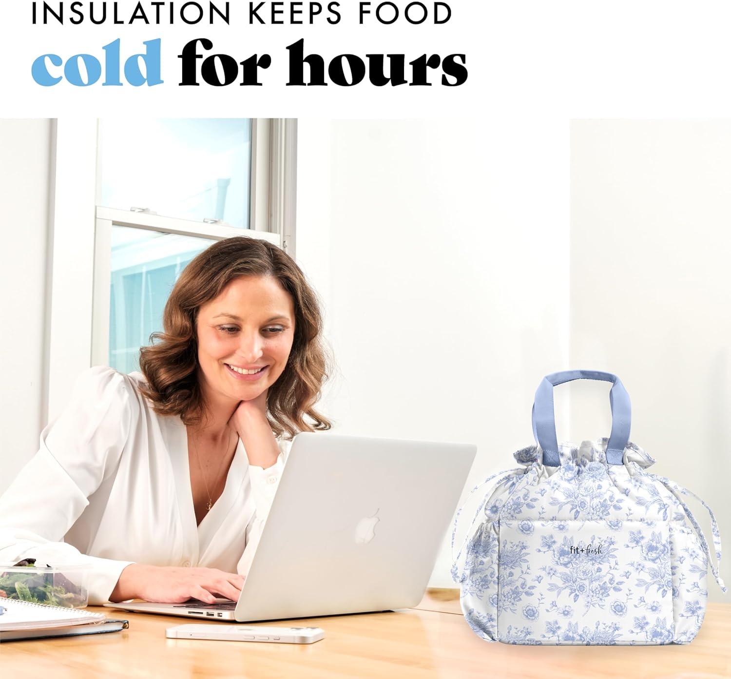 imageFit ampamp Fresh Cromwell Drawstring Lunch Bag for Women Complete Lunch Set with 2 Containers StainResistant LeakResistant Back to School Essential Teacher Lunchbox Sage Floral ToileBlue Floral Toile