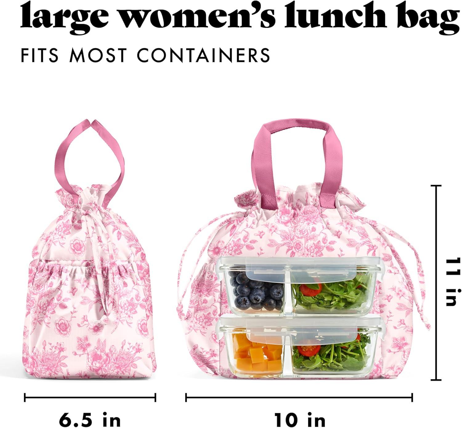 imageFit ampamp Fresh Cromwell Drawstring Lunch Bag for Women Complete Lunch Set with 2 Containers StainResistant LeakResistant Back to School Essential Teacher Lunchbox Sage Floral ToilePink Floral Toile