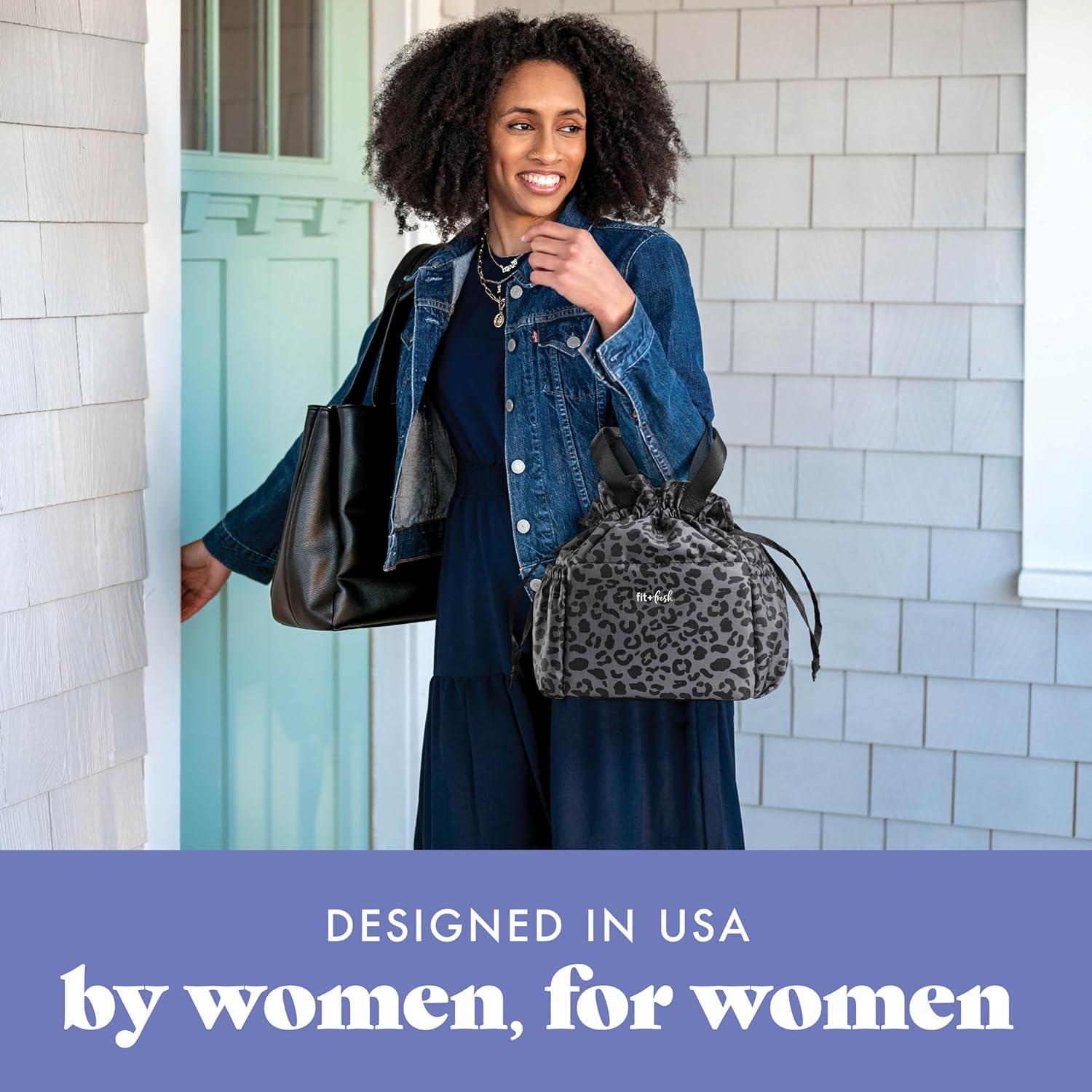 imageFit ampamp Fresh Cromwell Drawstring Lunch Bag for Women Complete Lunch Set with 2 Containers StainResistant LeakResistant Back to School Essential Teacher Lunchbox Sage Floral ToileBlack Cheetah