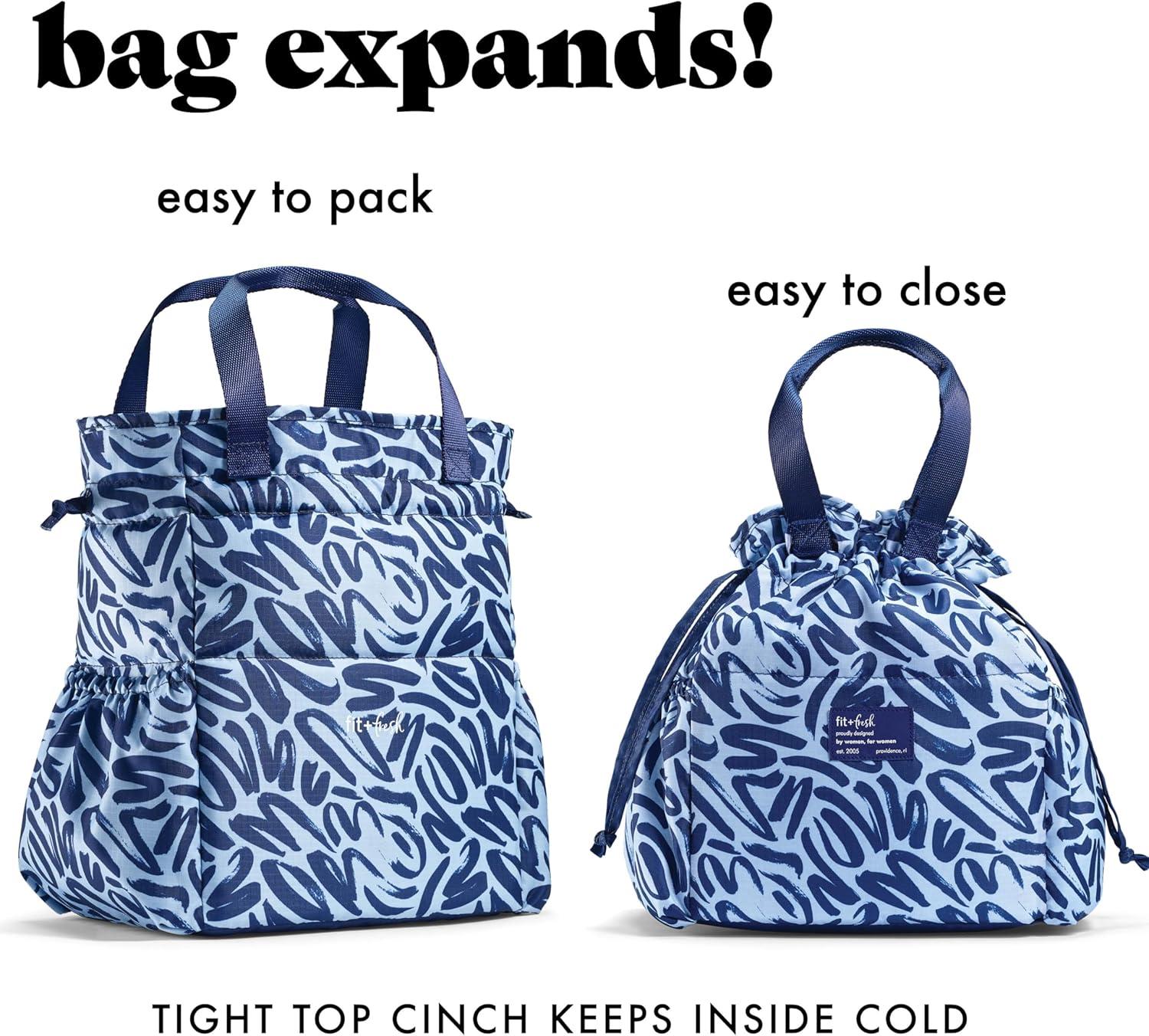 imageFit ampamp Fresh Cromwell Drawstring Lunch Bag for Women Complete Lunch Set with 2 Containers StainResistant LeakResistant Back to School Essential Teacher Lunchbox Sage Floral ToileNavy Brush Strokes