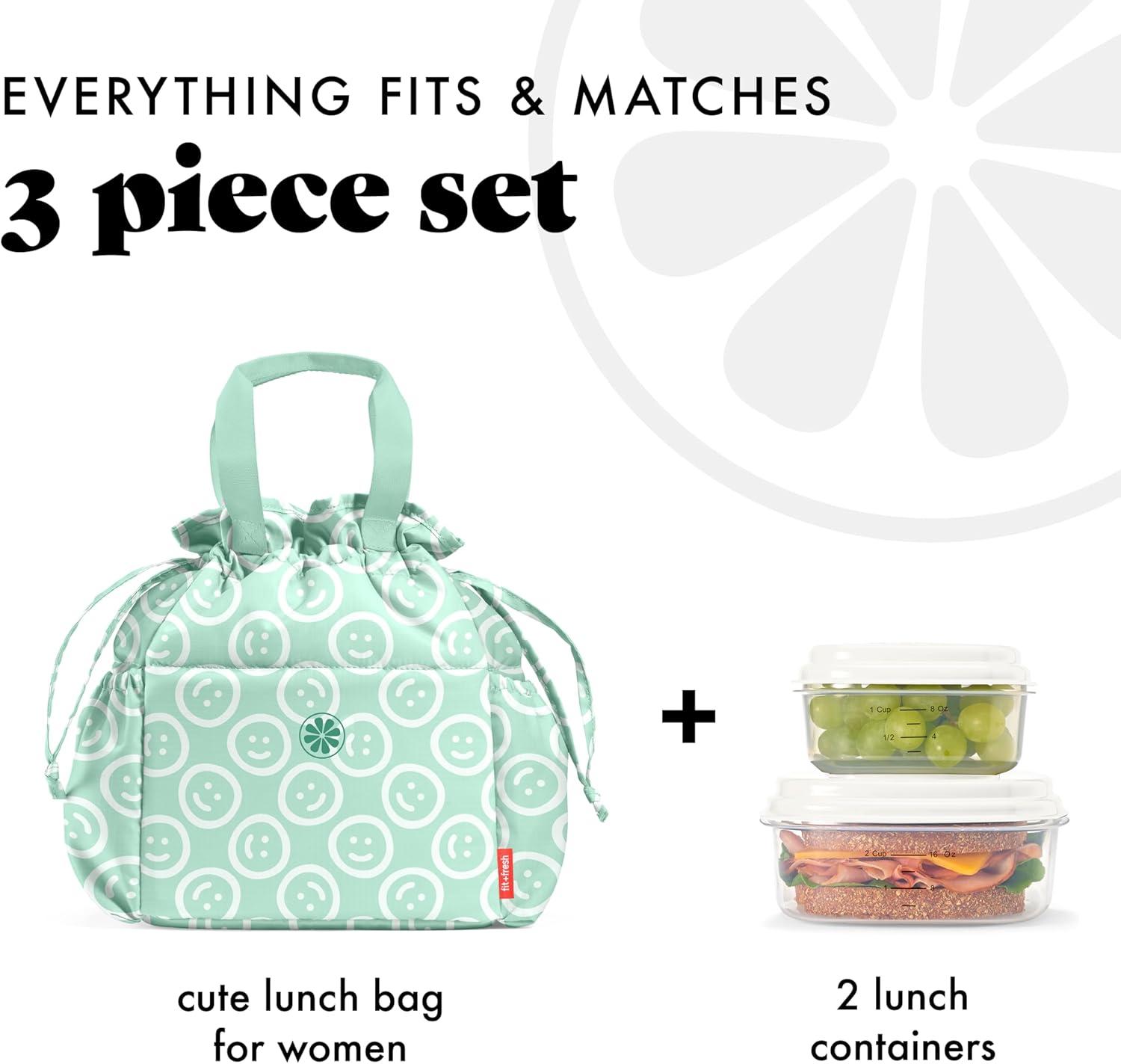 imageFit ampamp Fresh Cromwell Drawstring Lunch Bag for Women Complete Lunch Set with 2 Containers StainResistant LeakResistant Back to School Essential Teacher Lunchbox Sage Floral ToileMint Smiles