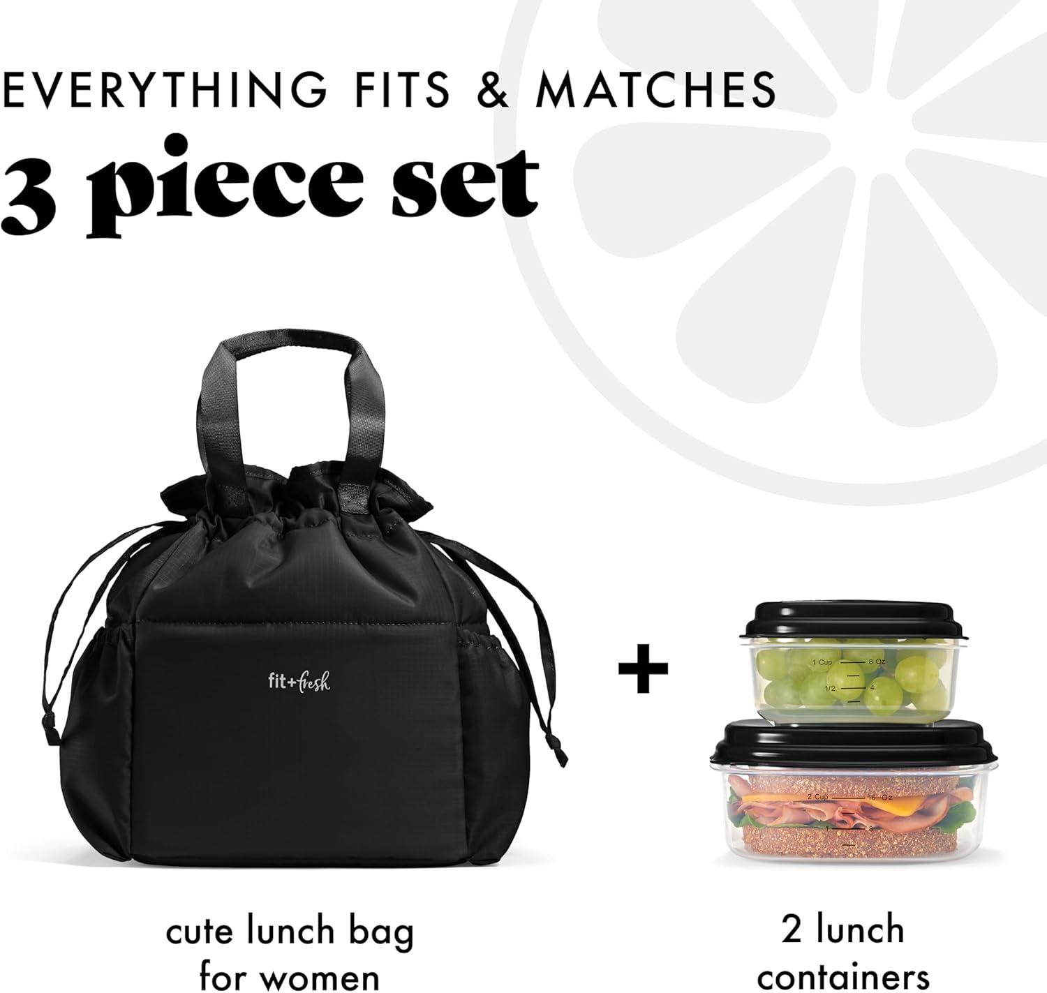 imageFit ampamp Fresh Cromwell Drawstring Lunch Bag for Women Complete Lunch Set with 2 Containers StainResistant LeakResistant Back to School Essential Teacher Lunchbox Sage Floral ToileBlack