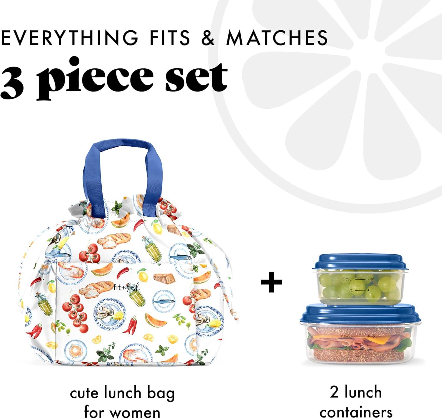 imageFit ampamp Fresh Cromwell Drawstring Lunch Bag for Women Complete Lunch Set with 2 Containers StainResistant LeakResistant Back to School Essential Teacher Lunchbox Sage Floral ToileMulticolored  Al Fresco