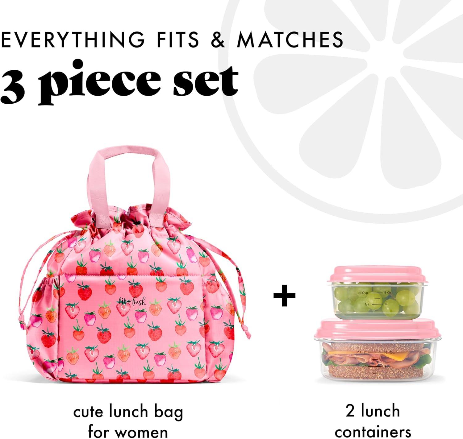 imageFit ampamp Fresh Cromwell Drawstring Lunch Bag for Women Complete Lunch Set with 2 Containers StainResistant LeakResistant Back to School Essential Teacher Lunchbox Sage Floral ToilePink Strawberries