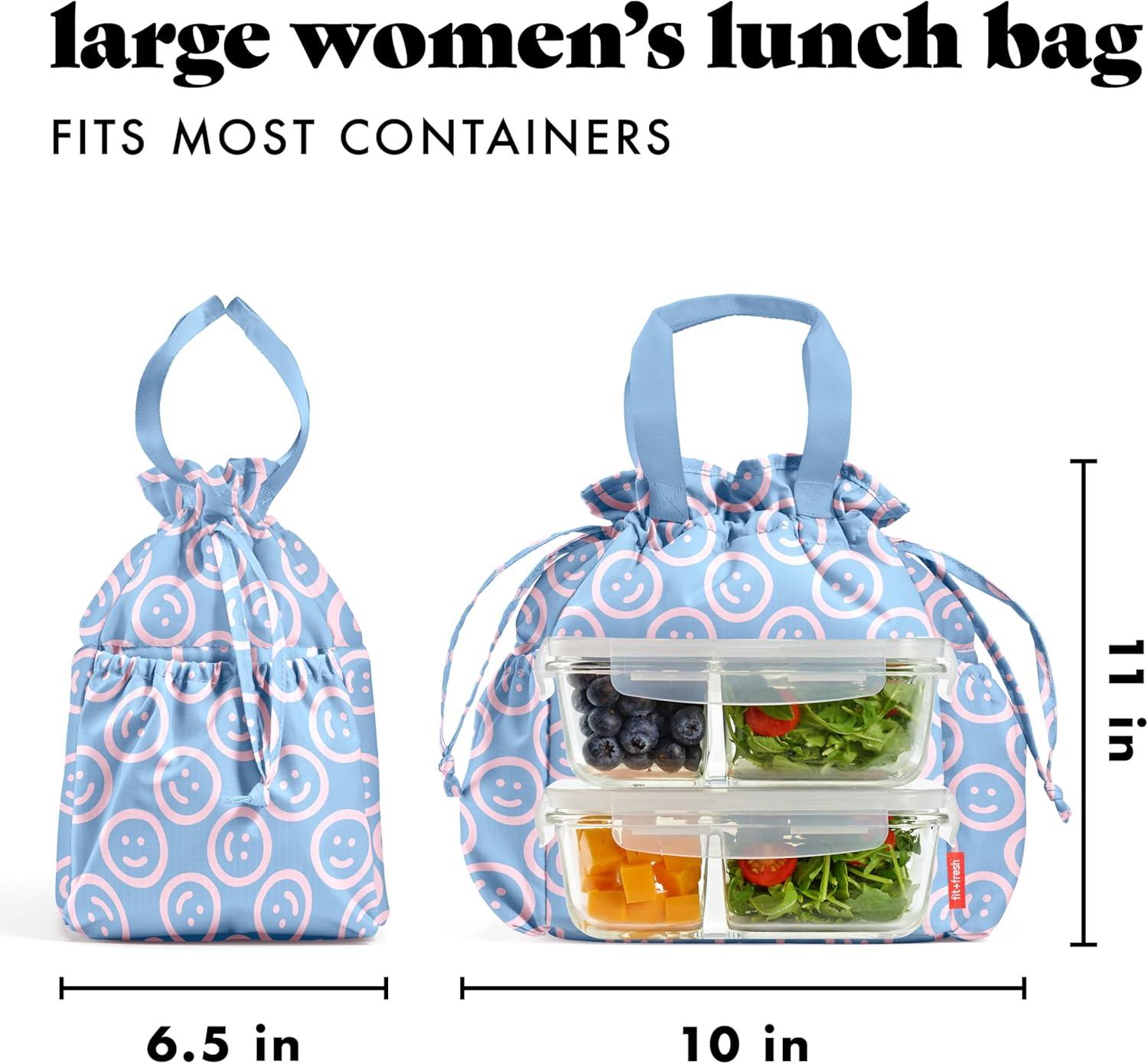 imageFit ampamp Fresh Cromwell Drawstring Lunch Bag for Women Complete Lunch Set with 2 Containers StainResistant LeakResistant Back to School Essential Teacher Lunchbox Sage Floral ToileBubble Gum