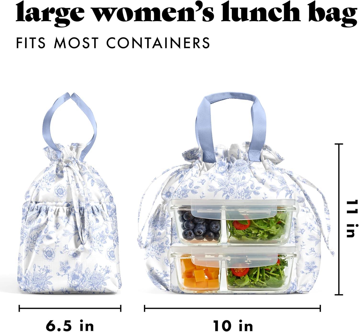 imageFit ampamp Fresh Cromwell Drawstring Lunch Bag for Women Complete Lunch Set with 2 Containers StainResistant LeakResistant Back to School Essential Teacher Lunchbox Sage Floral ToileBlue Floral Toile
