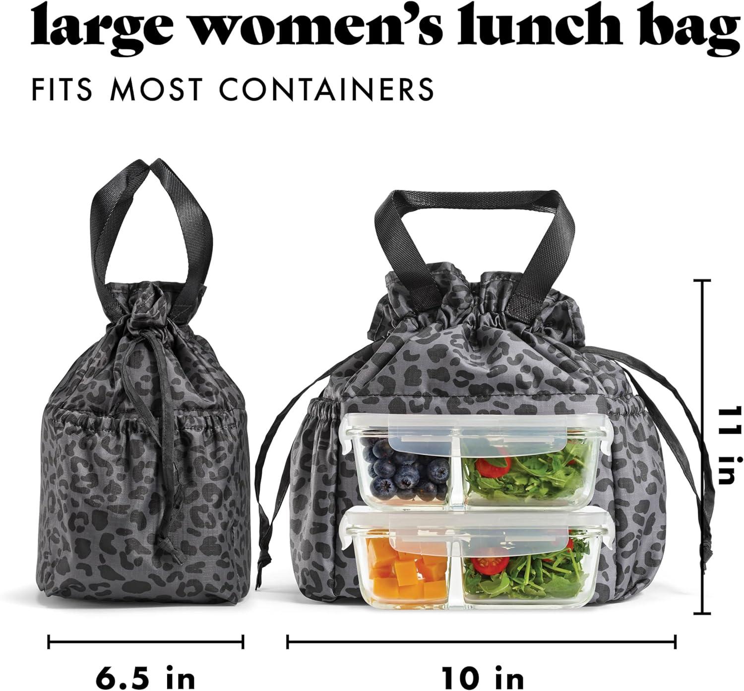 imageFit ampamp Fresh Cromwell Drawstring Lunch Bag for Women Complete Lunch Set with 2 Containers StainResistant LeakResistant Back to School Essential Teacher Lunchbox Sage Floral ToileBlack Cheetah