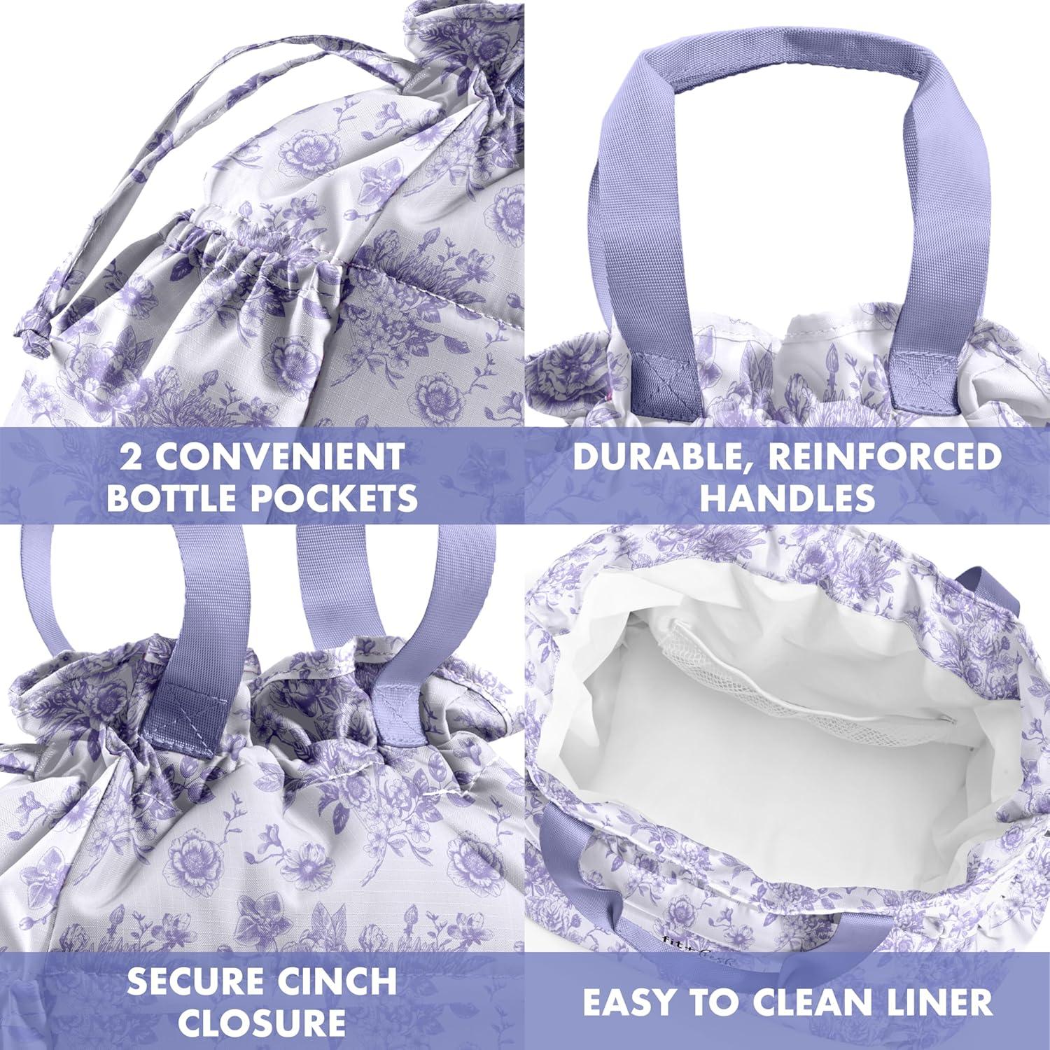 imageFit ampamp Fresh Cromwell Drawstring Lunch Bag for Women Complete Lunch Set with 2 Containers StainResistant LeakResistant Back to School Essential Teacher Lunchbox Sage Floral ToilePurple Floral Toile