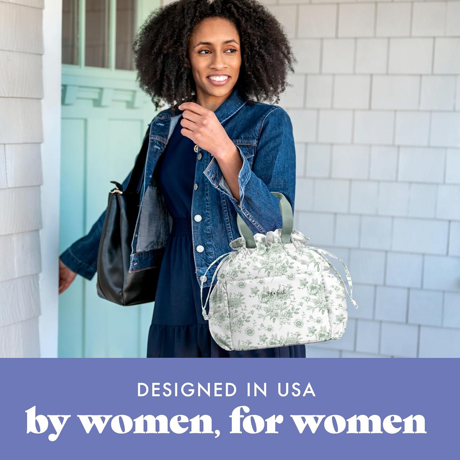 imageFit ampamp Fresh Cromwell Drawstring Lunch Bag for Women Complete Lunch Set with 2 Containers StainResistant LeakResistant Back to School Essential Teacher Lunchbox Sage Floral ToileSage Floral Toile