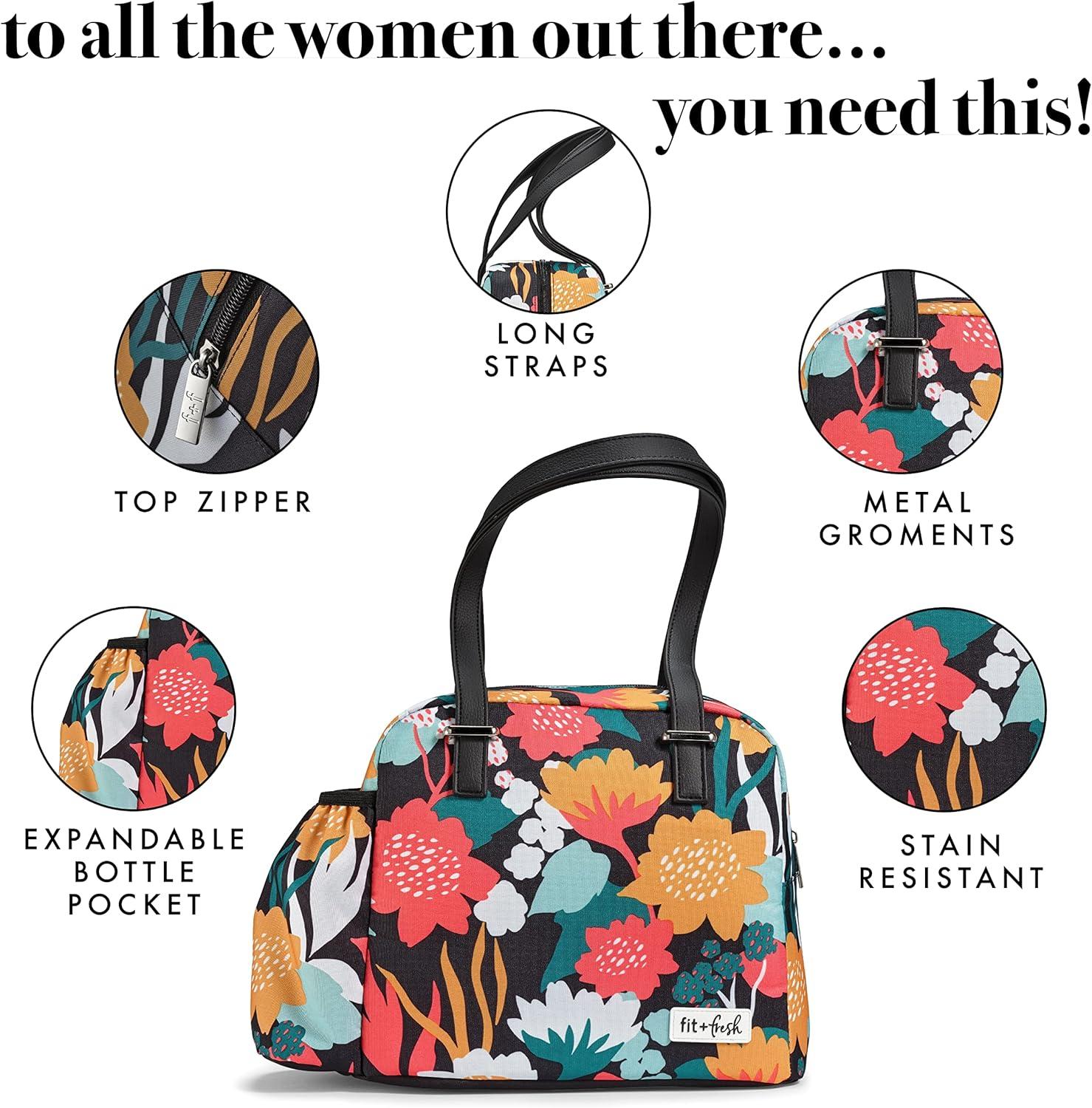 imageFit ampamp Fresh Lunch Bag For Women Insulated Womens Lunch Bag For Work Leakproof ampamp StainResistant Large Lunch Box For Women With Bottle Pocket Long Straps Zipper Closure Laketown Bag Fruit TumblerCoral Azaleas