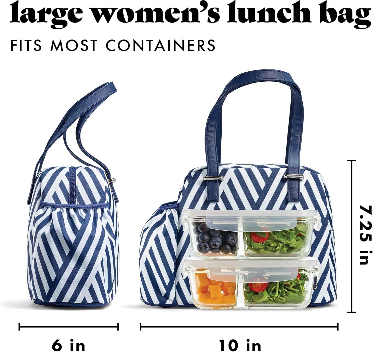 imageFit ampamp Fresh Lunch Bag For Women Insulated Womens Lunch Bag For Work Leakproof ampamp StainResistant Large Lunch Box For Women With Bottle Pocket Long Straps Zipper Closure Laketown Bag Fruit TumblerNavy Stripe