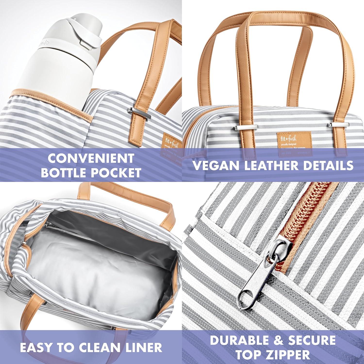 imageFit ampamp Fresh Lunch Bag For Women Insulated Womens Lunch Bag For Work Leakproof ampamp StainResistant Large Lunch Box For Women With Bottle Pocket Long Straps Zipper Closure Laketown Bag Fruit TumblerGray Stripes