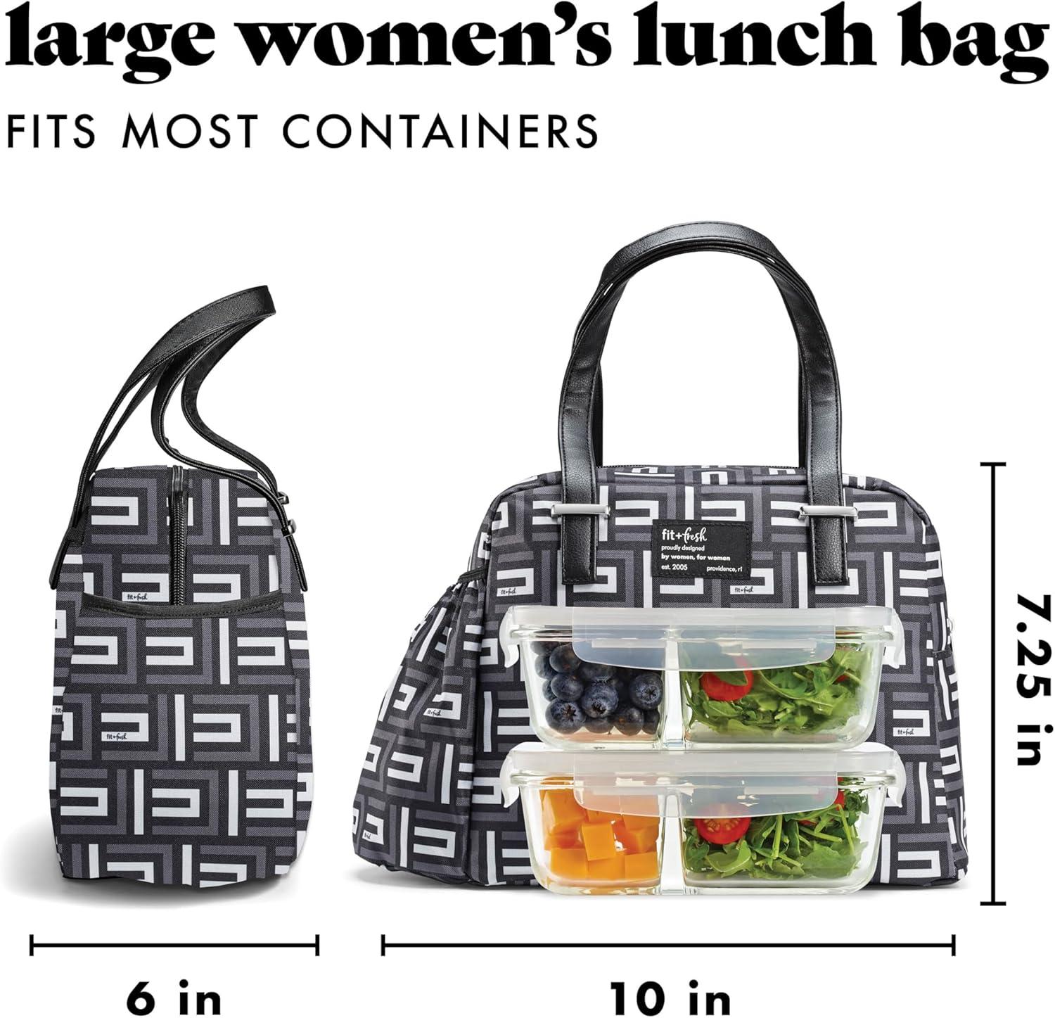 imageFit ampamp Fresh Lunch Bag For Women Insulated Womens Lunch Bag For Work Leakproof ampamp StainResistant Large Lunch Box For Women With Bottle Pocket Long Straps Zipper Closure Laketown Bag Fruit TumblerBlack Geo
