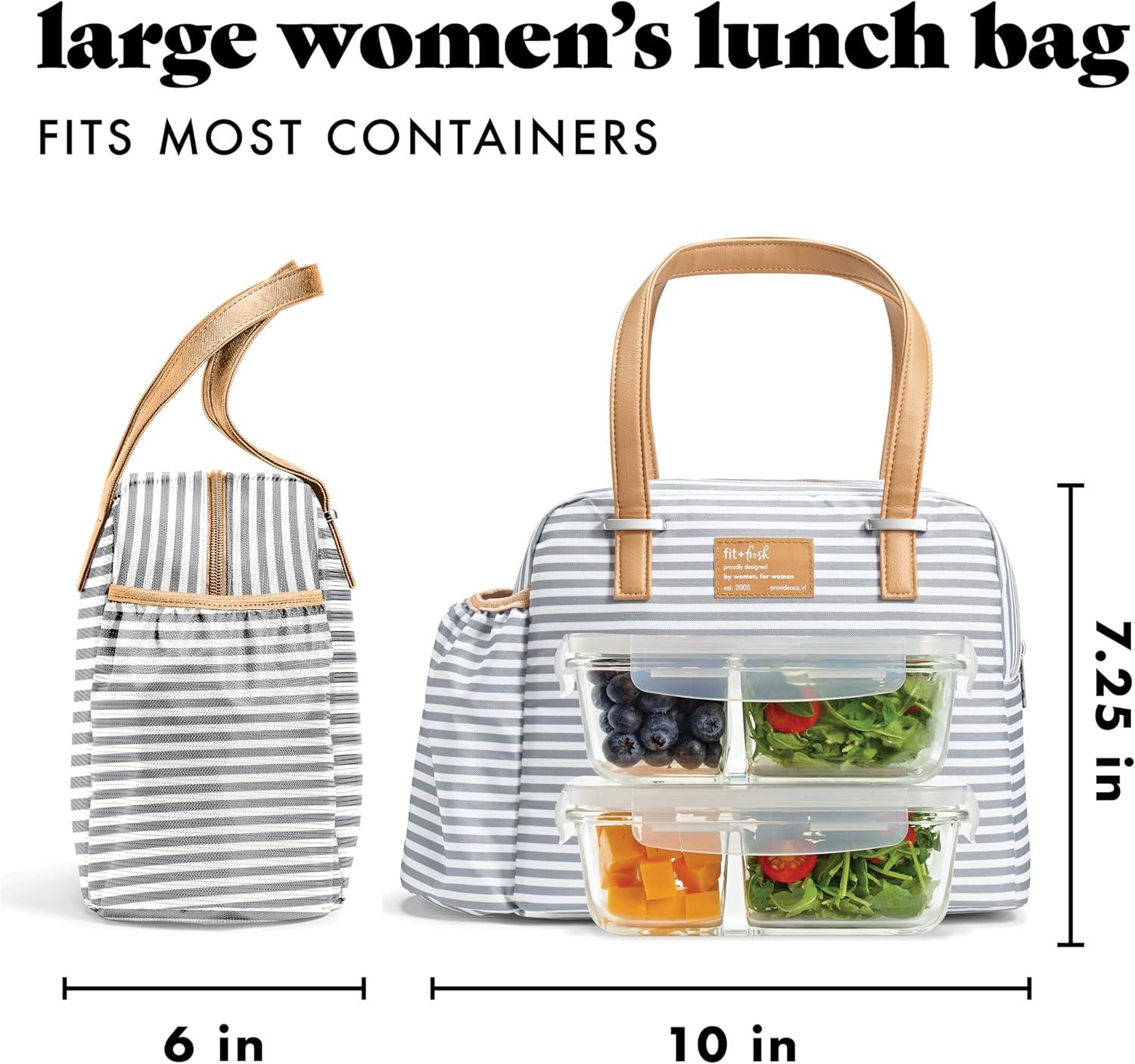 imageFit ampamp Fresh Lunch Bag For Women Insulated Womens Lunch Bag For Work Leakproof ampamp StainResistant Large Lunch Box For Women With Bottle Pocket Long Straps Zipper Closure Laketown Bag Fruit TumblerGray Stripes