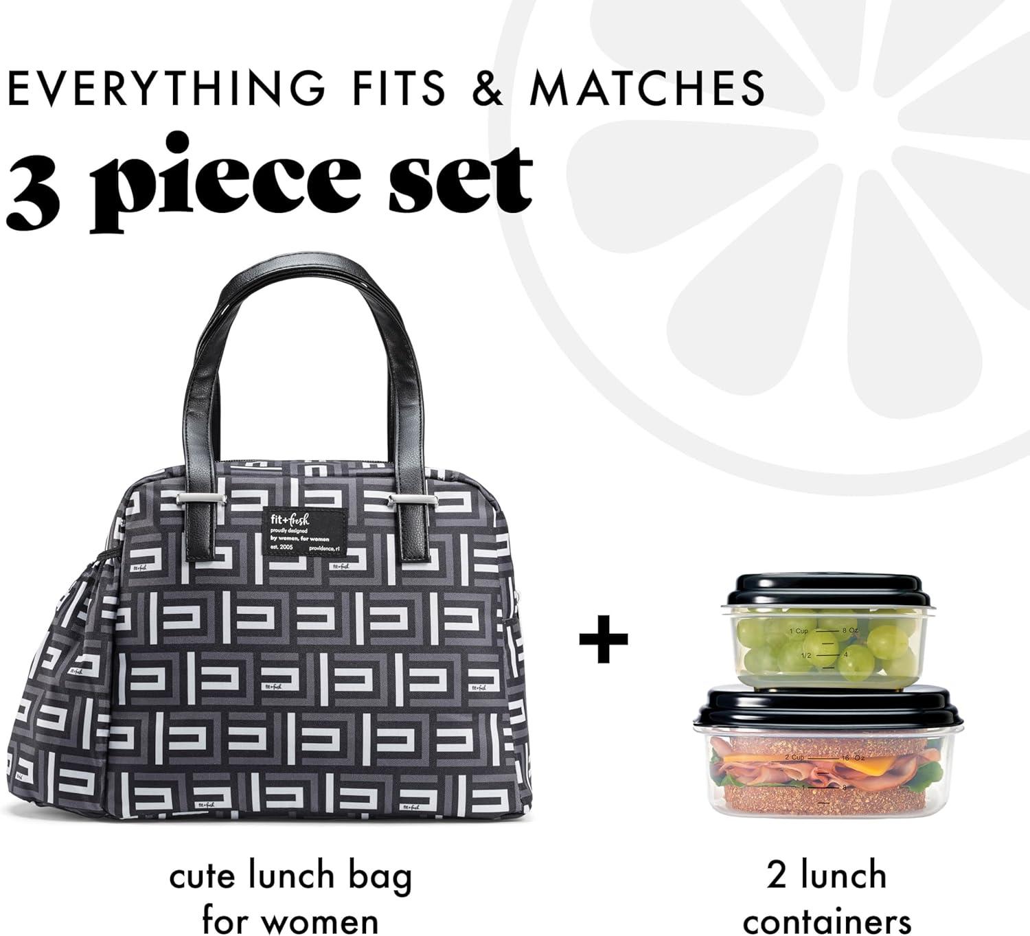 imageFit ampamp Fresh Lunch Bag For Women Insulated Womens Lunch Bag For Work Leakproof ampamp StainResistant Large Lunch Box For Women With Bottle Pocket Long Straps Zipper Closure Laketown Bag Fruit TumblerBlack Geo