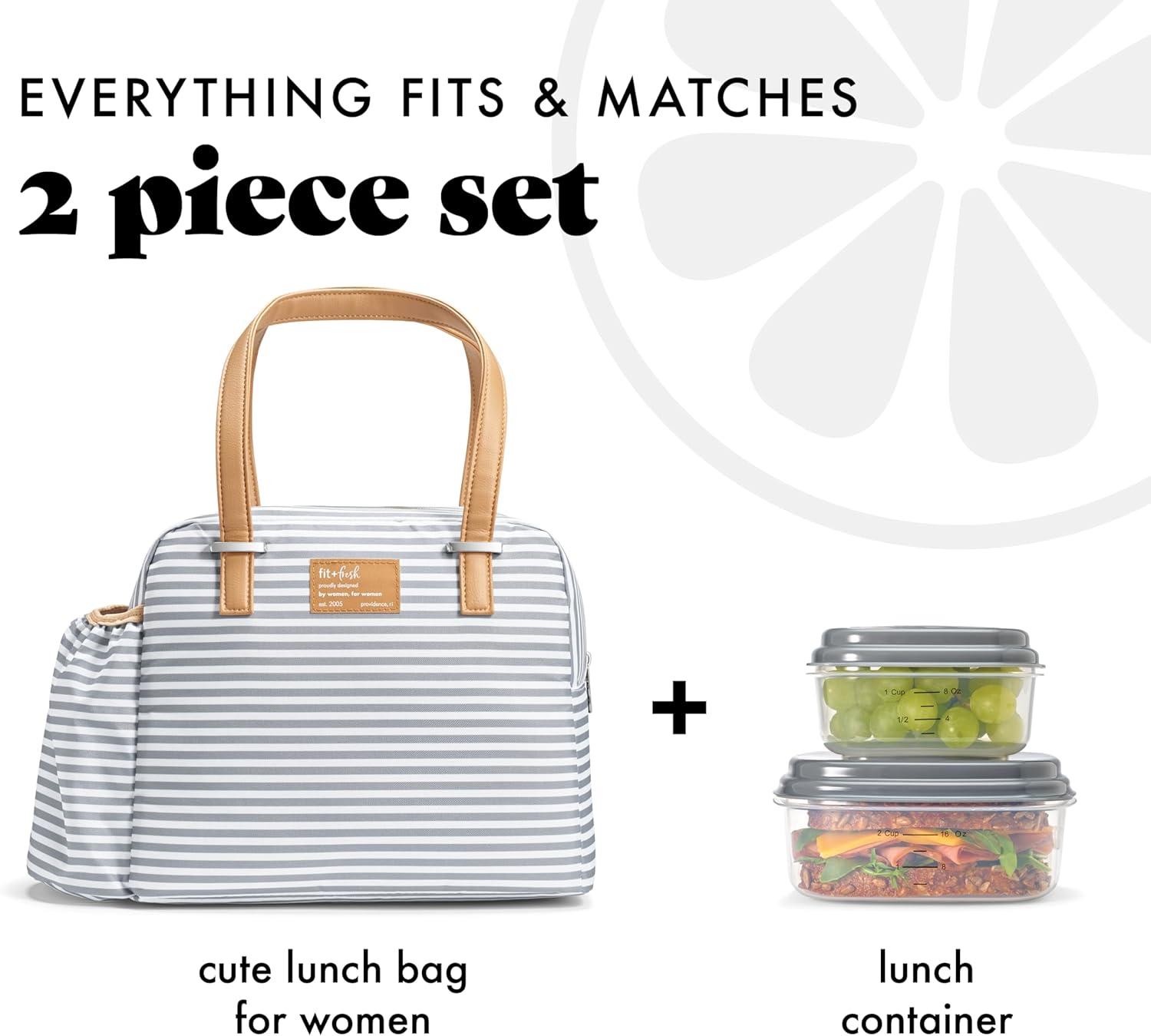 imageFit ampamp Fresh Lunch Bag For Women Insulated Womens Lunch Bag For Work Leakproof ampamp StainResistant Large Lunch Box For Women With Bottle Pocket Long Straps Zipper Closure Laketown Bag Fruit TumblerGray Stripes