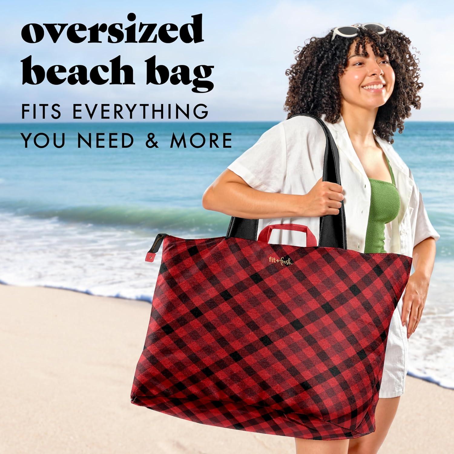 imageFit ampamp Fresh Large Beach Bag for Women  Extra Large Travel Tote With PocketsRed Checkered Plaid