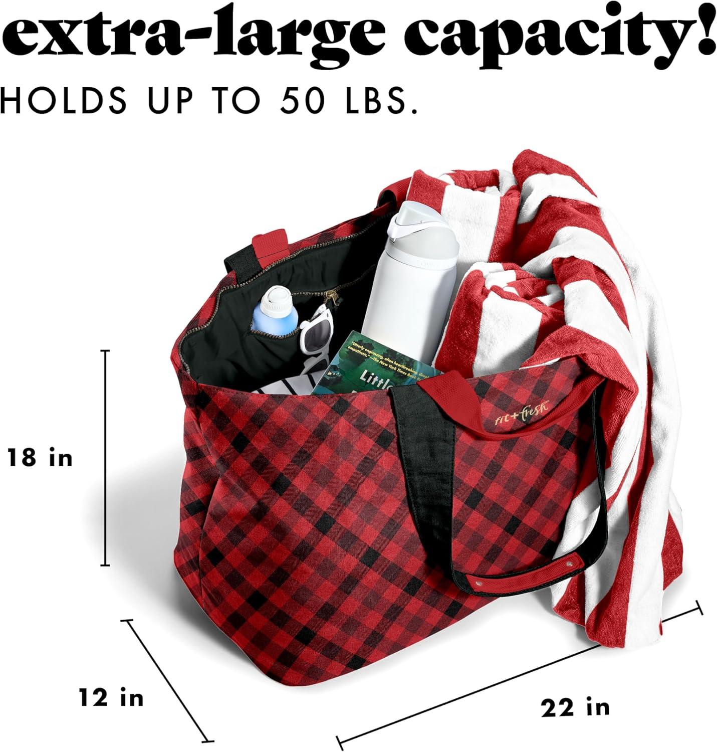 imageFit ampamp Fresh Large Beach Bag for Women  Extra Large Travel Tote With PocketsRed Checkered Plaid