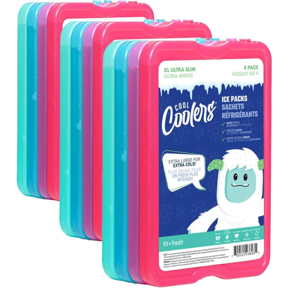 imageCool Coolers by Fit ampamp Fresh 4 Pack XL Slim Ice Packs Quick Freeze Space Saving Reusable Ice Packs for Lunch Boxes or Coolers PinkMulticolor 8 PK
