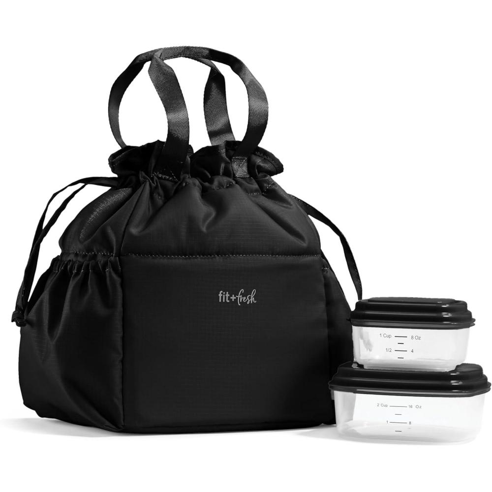 imageFit ampamp Fresh Cromwell Drawstring Lunch Bag for Women Complete Lunch Set with 2 Containers StainResistant LeakResistant Back to School Essential Teacher Lunchbox Sage Floral ToileBlack