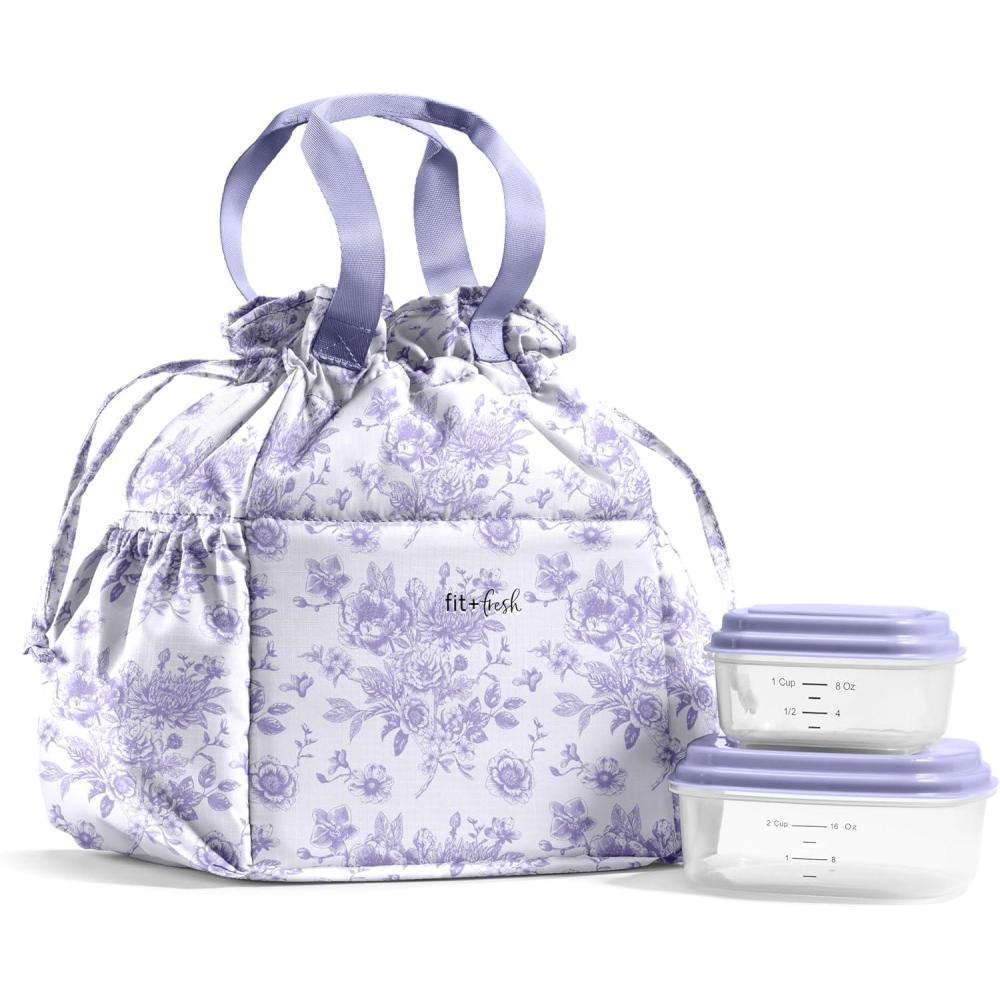 imageFit ampamp Fresh Cromwell Drawstring Lunch Bag for Women Complete Lunch Set with 2 Containers StainResistant LeakResistant Back to School Essential Teacher Lunchbox Sage Floral ToilePurple Floral Toile