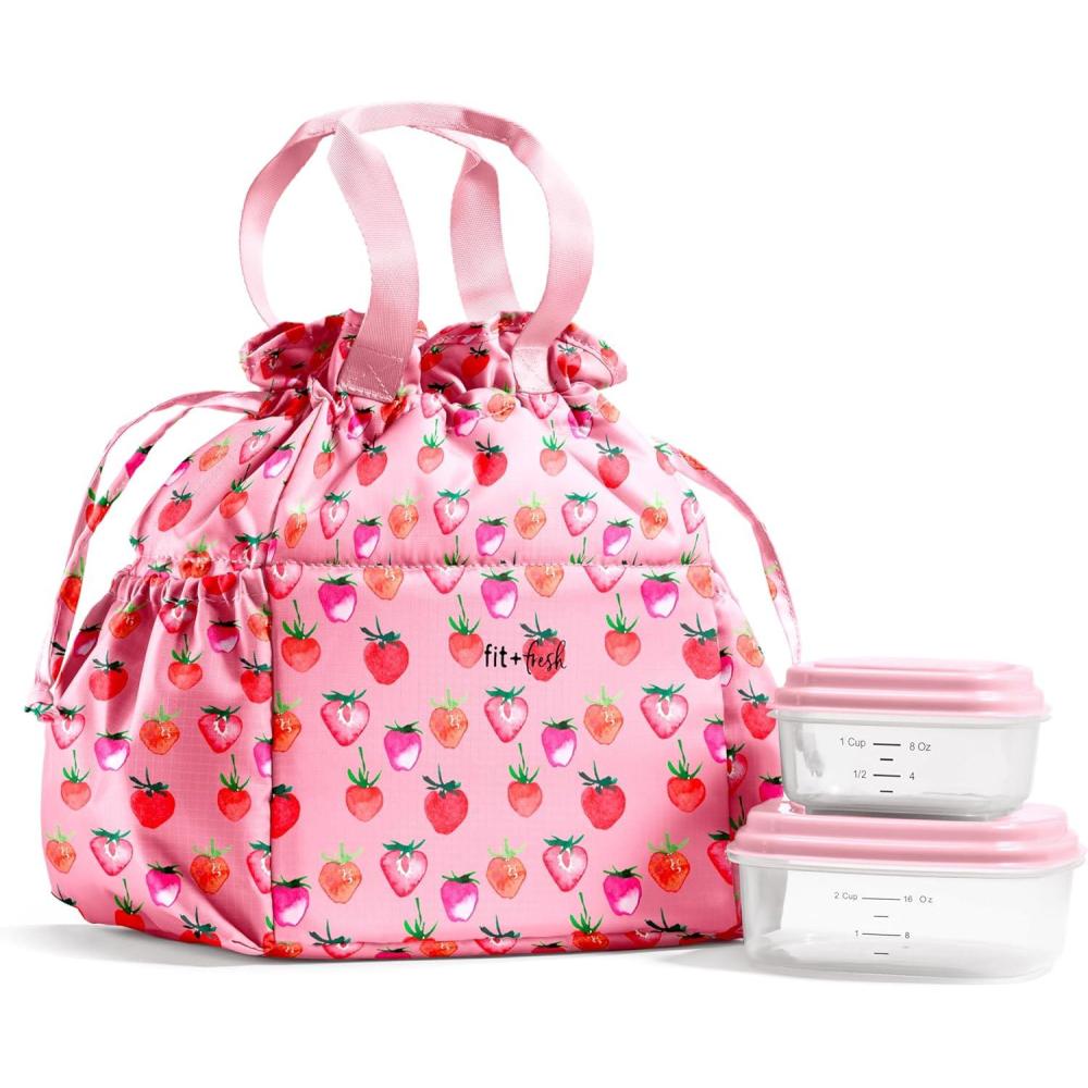 imageFit ampamp Fresh Cromwell Drawstring Lunch Bag for Women Complete Lunch Set with 2 Containers StainResistant LeakResistant Back to School Essential Teacher Lunchbox Sage Floral ToilePink Strawberries