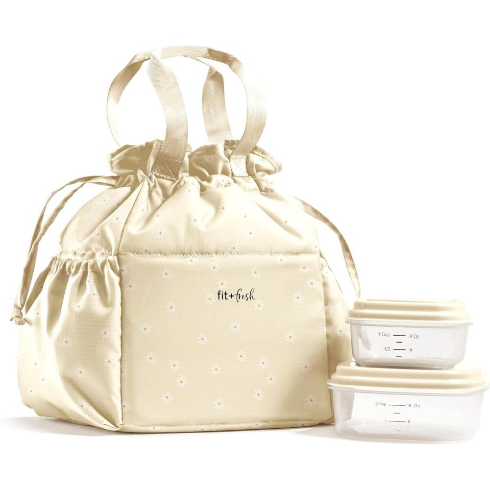 imageFit ampamp Fresh Cromwell Drawstring Lunch Bag for Women Complete Lunch Set with 2 Containers StainResistant LeakResistant Back to School Essential Teacher Lunchbox Sage Floral ToileIvory