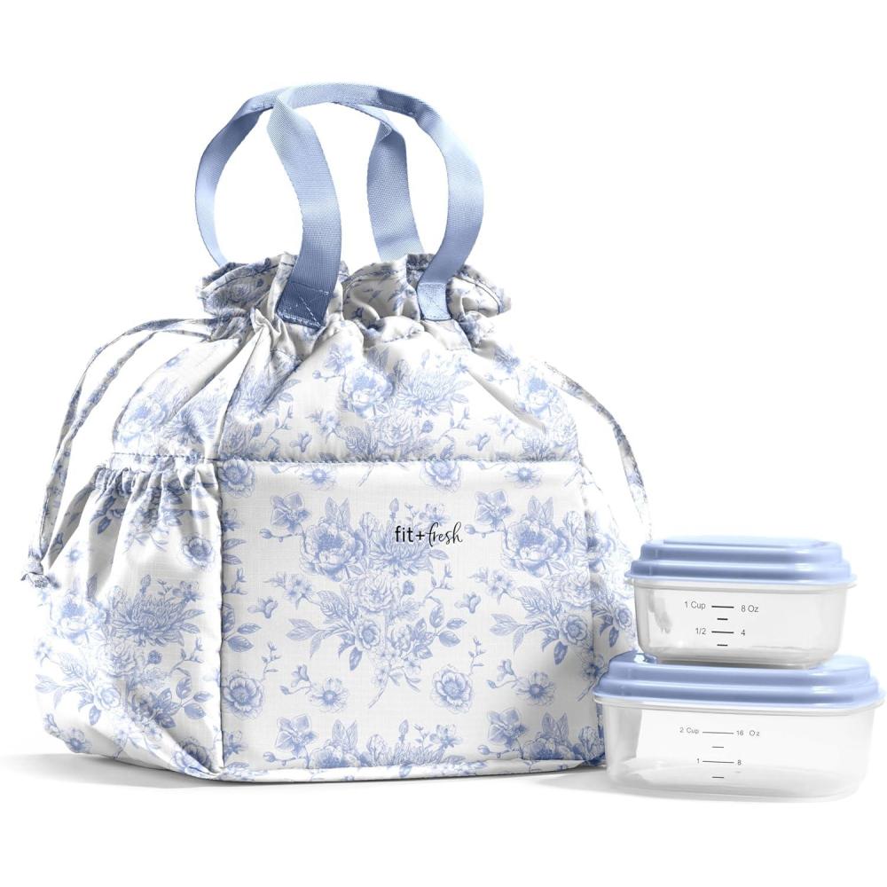imageFit ampamp Fresh Cromwell Drawstring Lunch Bag for Women Complete Lunch Set with 2 Containers StainResistant LeakResistant Back to School Essential Teacher Lunchbox Sage Floral ToileBlue Floral Toile