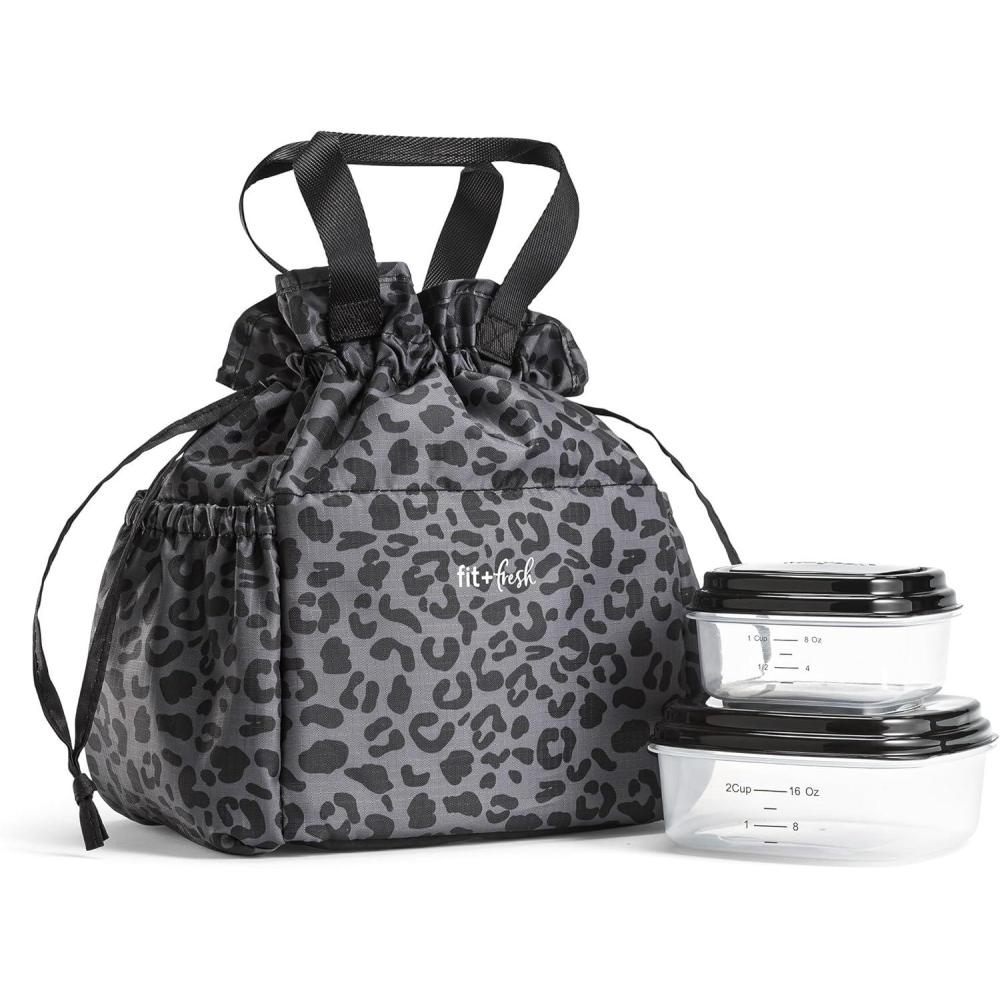 imageFit ampamp Fresh Cromwell Drawstring Lunch Bag for Women Complete Lunch Set with 2 Containers StainResistant LeakResistant Back to School Essential Teacher Lunchbox Sage Floral ToileBlack Cheetah