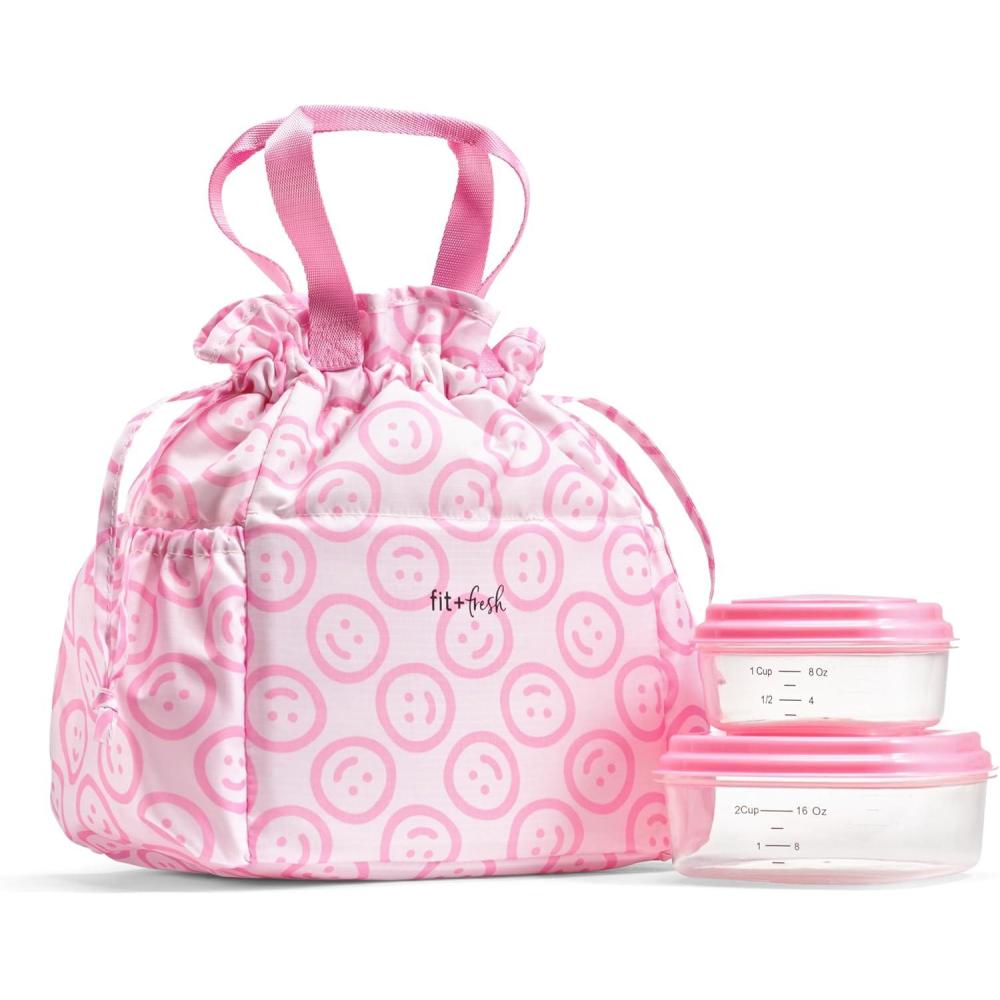 imageFit ampamp Fresh Cromwell Drawstring Lunch Bag for Women Complete Lunch Set with 2 Containers StainResistant LeakResistant Back to School Essential Teacher Lunchbox Sage Floral ToilePink