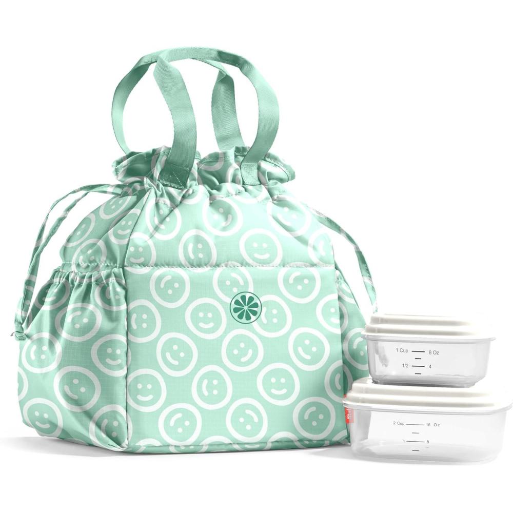 imageFit ampamp Fresh Cromwell Drawstring Lunch Bag for Women Complete Lunch Set with 2 Containers StainResistant LeakResistant Back to School Essential Teacher Lunchbox Sage Floral ToileMint Smiles