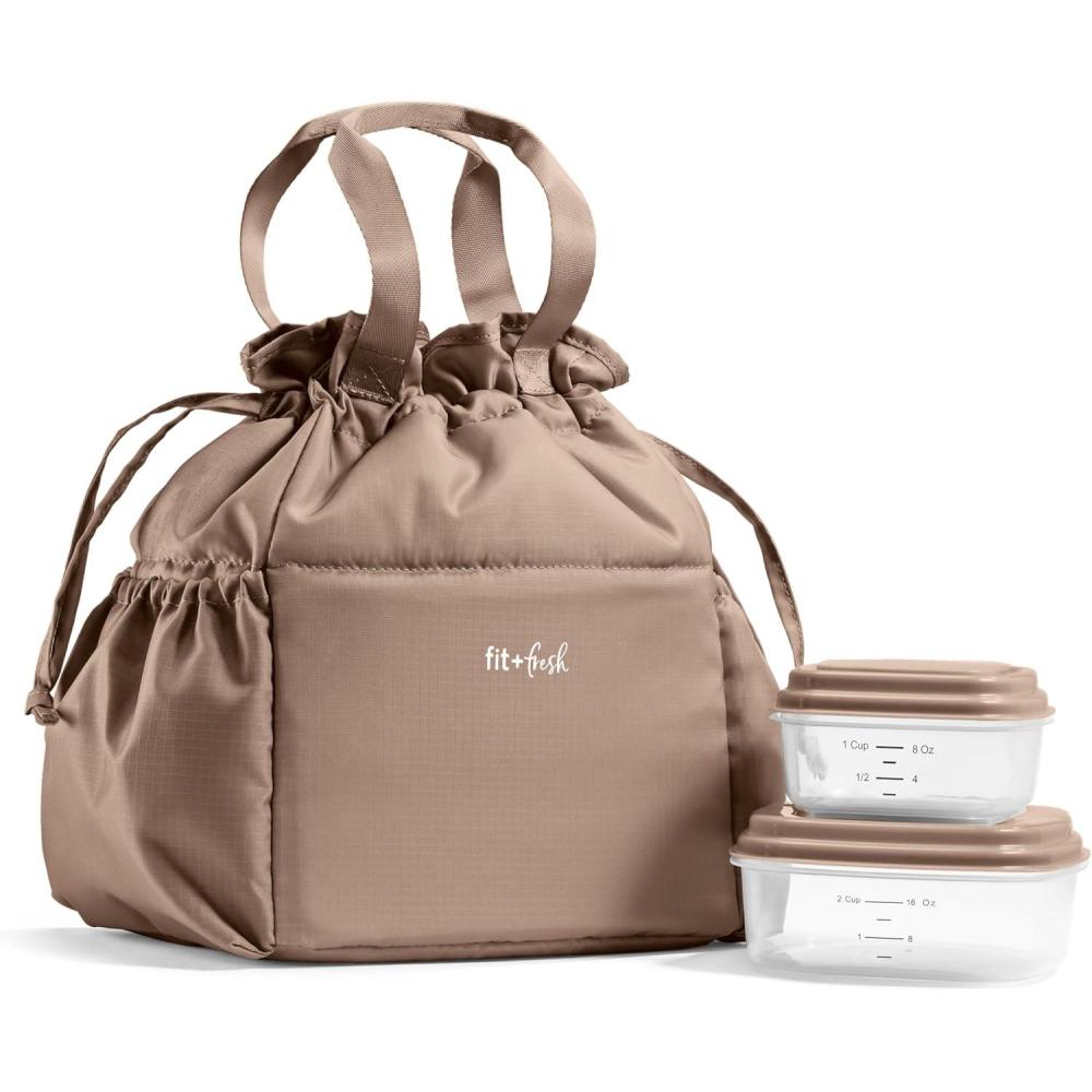 imageFit ampamp Fresh Cromwell Drawstring Lunch Bag for Women Complete Lunch Set with 2 Containers StainResistant LeakResistant Back to School Essential Teacher Lunchbox Sage Floral ToileTaupe