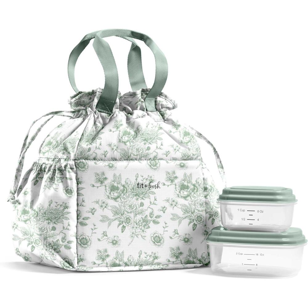 imageFit ampamp Fresh Cromwell Drawstring Lunch Bag for Women Complete Lunch Set with 2 Containers StainResistant LeakResistant Back to School Essential Teacher Lunchbox Sage Floral ToileSage Floral Toile