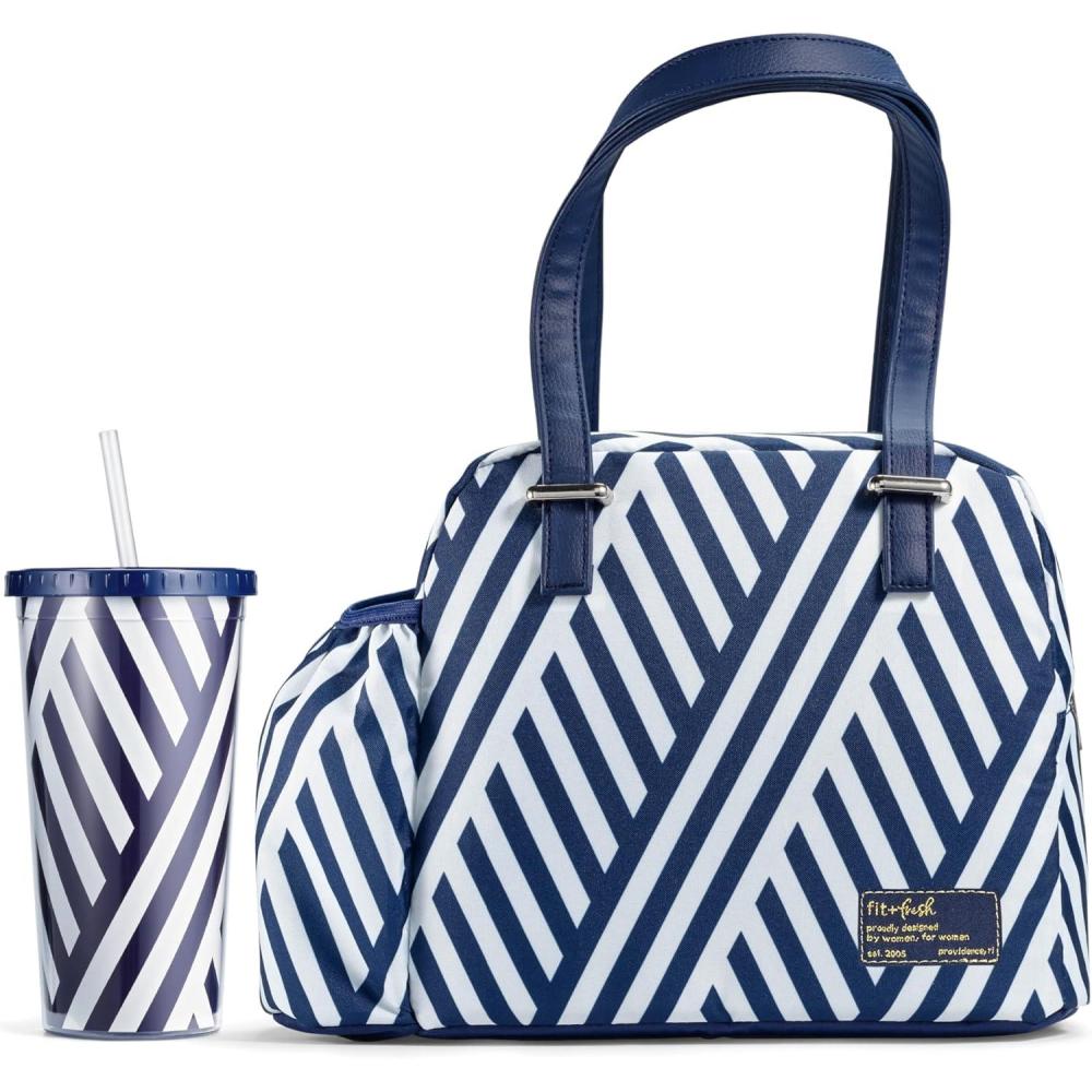 imageFit ampamp Fresh Lunch Bag For Women Insulated Womens Lunch Bag For Work Leakproof ampamp StainResistant Large Lunch Box For Women With Bottle Pocket Long Straps Zipper Closure Laketown Bag Fruit TumblerNavy Stripe