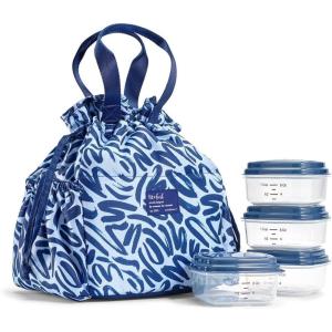 imageFit ampamp Fresh Cromwell Drawstring Lunch Bag for Women Complete Lunch Set with 2 Containers StainResistant LeakResistant Back to School Essential Teacher Lunchbox Sage Floral ToileNavy Brush Strokes